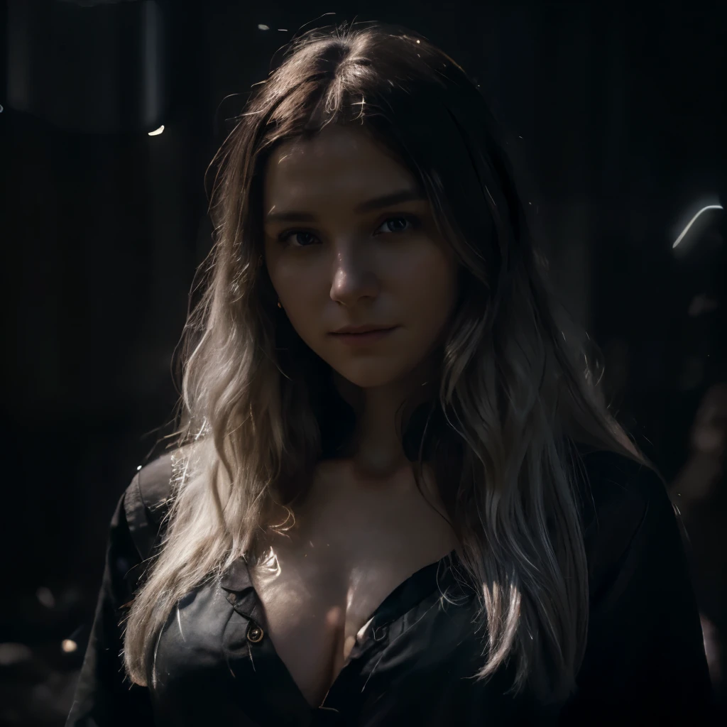 (front focus),(in the dark:1.6), Hyperrealist portrait of female by david hockney and alphonse mucha,fantasy art, photo realistic, dynamic lighting, artstation, poster, volumetric lighting, very detailed faces, 4 k, award winning,, 1girl, in the dark, deep shadow, low key,cowboy shot,(official clothing:1.4) ,long hair,white hair,