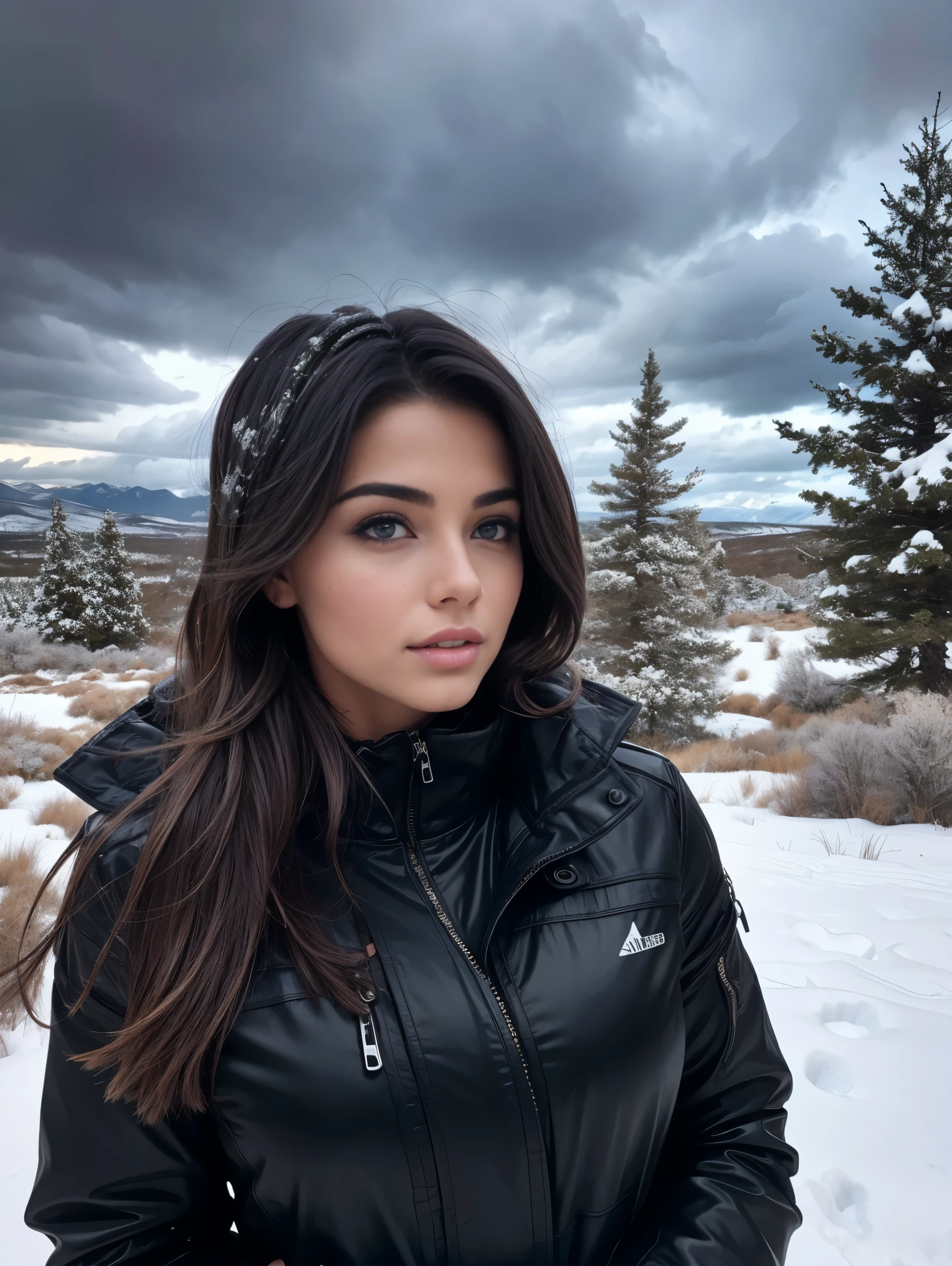 An ultra hot gorgeous European woman. Age 23. She’s a playmate and men magazine model. In a snowy landscape ranch. Looking at the sky with black stormy clouds.