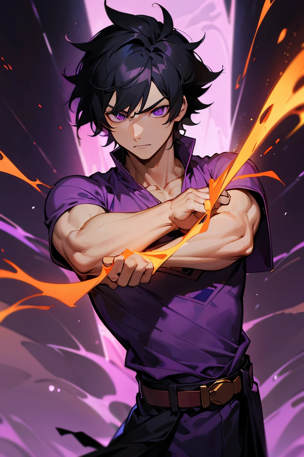 1male, muscular, black Hair, random Hair, purple Eyes, Jedi Clothing,purple shirt, lava background, belt