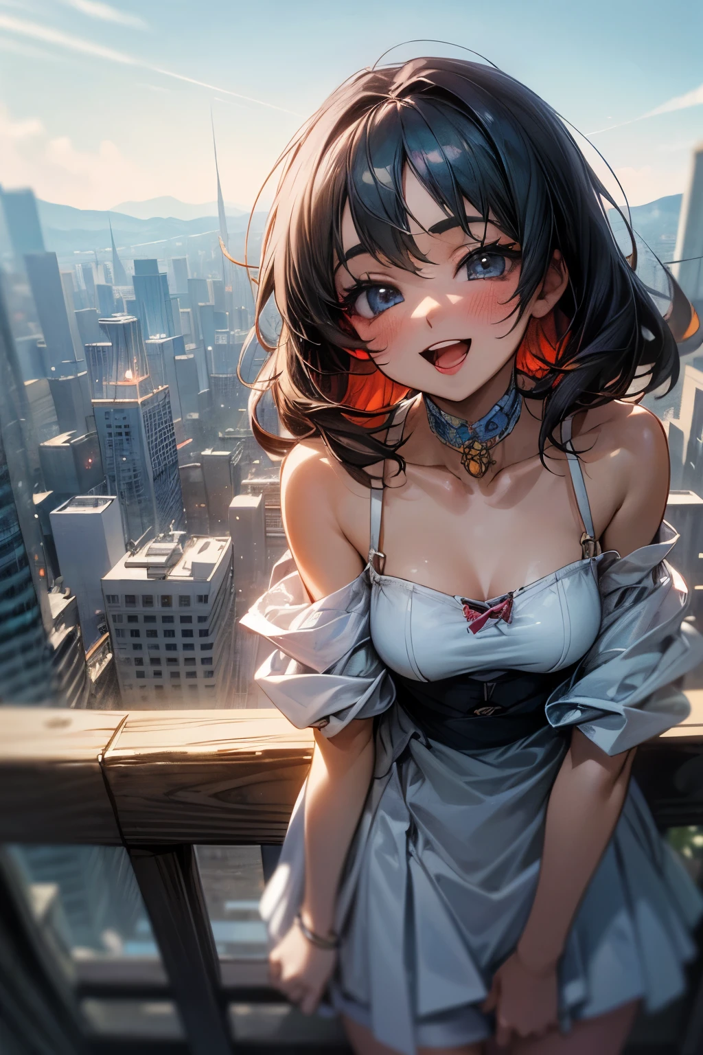 ((Masterpiece)), (Anime:1.5), ((best quality)), (Professional Photography:1.3), (High Definition), (RAW photo:1.2), (12 years old), cute girl, Ritual Dress, open mouth, smile, ruined Ancient cities, cute eyes, long eyelashes, Glossy skin, (makeup red lipstick), looking down on the ground from bad scaffolding on top of 2000m skyscraper,