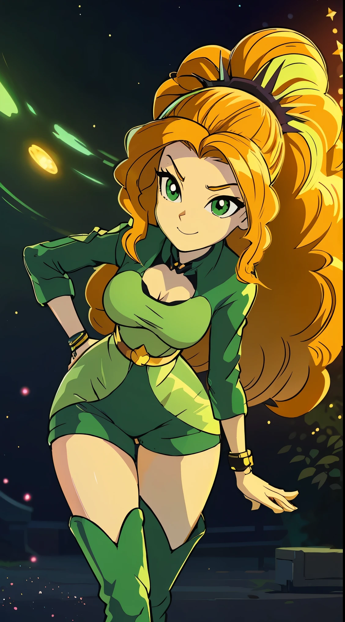 bloom), (shine), lighting, ray tracing, outdoor, depth_of_field, masterpiece, HD, best quality, kawaii, sparkles, stars, anime, 1 girl, anime girl, big breasts, hourglass figure, cleavage, wide hips, tight fitting clothes, green outfit, green eyes, pale skin, galaxy background, beautiful, long ginger hair, ginger hair girl, long hair, soft lips, gentle hands, delicate but dom, small waist, massive breasts and hips, galaxy, random expressikn, random gesture, anime style face, great definition, high quality, stars in background, stars around, unreal, ethereal, two legs, two arms, planets, stars, long hair, sparkles, smiling face, flirty eyes, ginger anime woman with green tight outfit on, large breasts and tight fitting clothes. long ginger hair and hreen eyes, focus on front of breasts and cleavage and look from perspective of close up camera