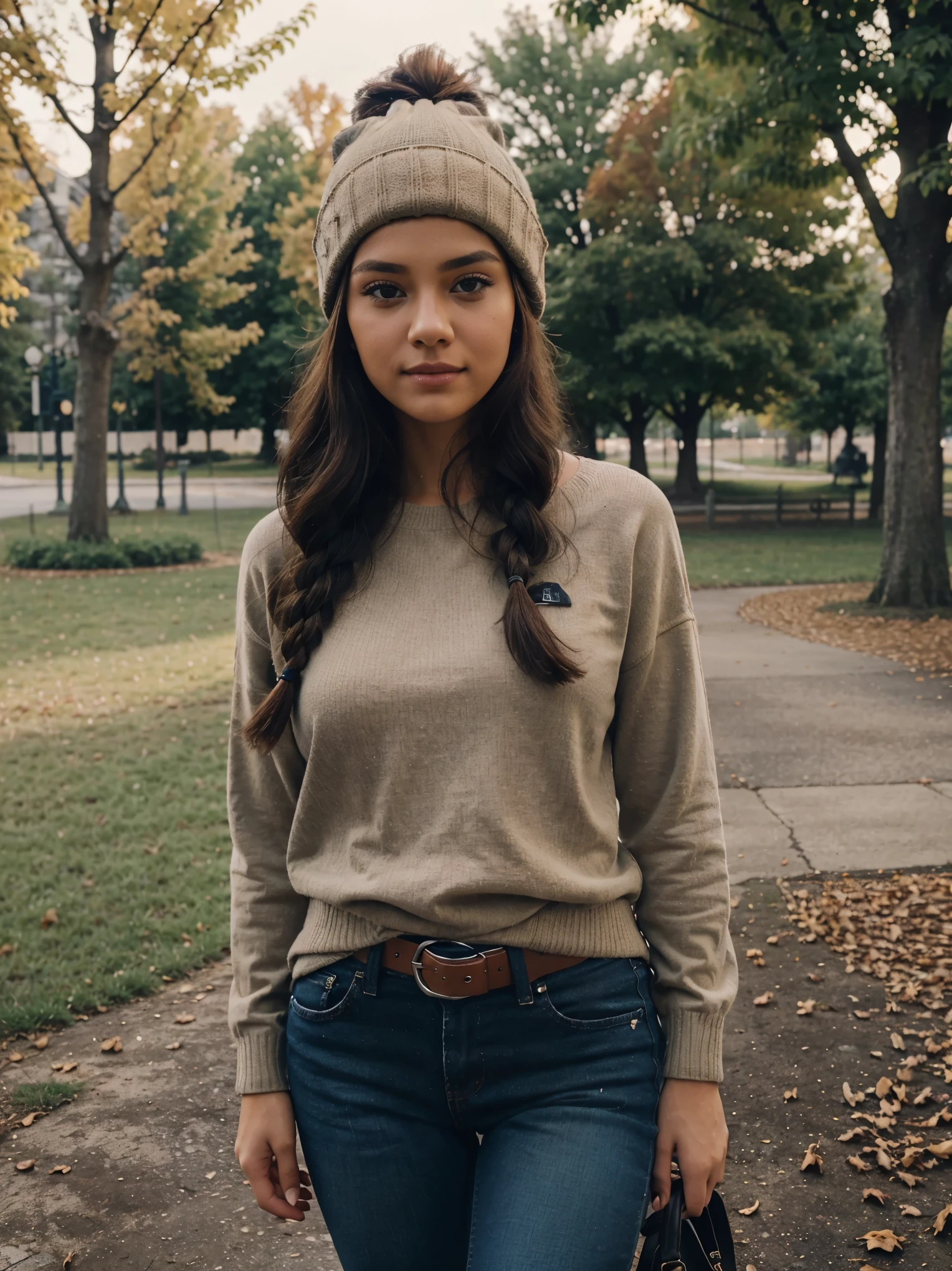 New to Fanvue so I’m kinda clueless 😆😅 posting a lot of 'exclusive' stuff tho 🙈🙈 I can’t wait to get to know you so DM me as I’ll always reply when I’m online, brown eyes, brown hair, 😇 I send free pics sometimes if you’re nice to me french braid, detailed sparkling eyes, long eyelashes, light smile, taniaayusiregar, She wears black Pullover and blue jeans with belt, beige beanie, she waits in park in Fall season, shy pose, trees and old buildings far in background, photorealistic, Masterpiece, bokeh, Volumetric lighting, low light, sensual atmosphere, wide angle shot