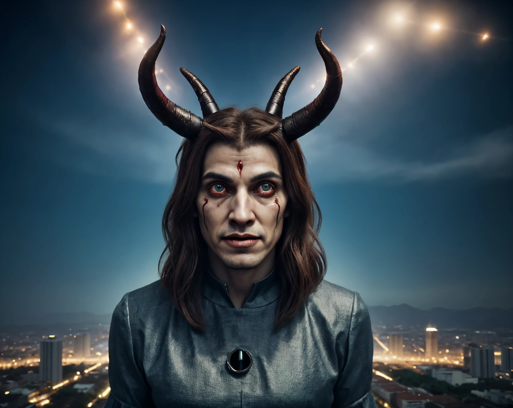 Um homem , vestido de terno , with two demonic horns on its head, your countenance is evil, e possui olhos vermelhos . he is Ant Christ . Em volta dele esta uma multidao de pessoas aplaudindo e celebrando sua presenca . ele esta em uma cidade tecnologica ecologica , com UFOs alienigenigenas sobre a cidade . imagem realista , cinematografica, ultra realista . com efeitos cinematograficos. 