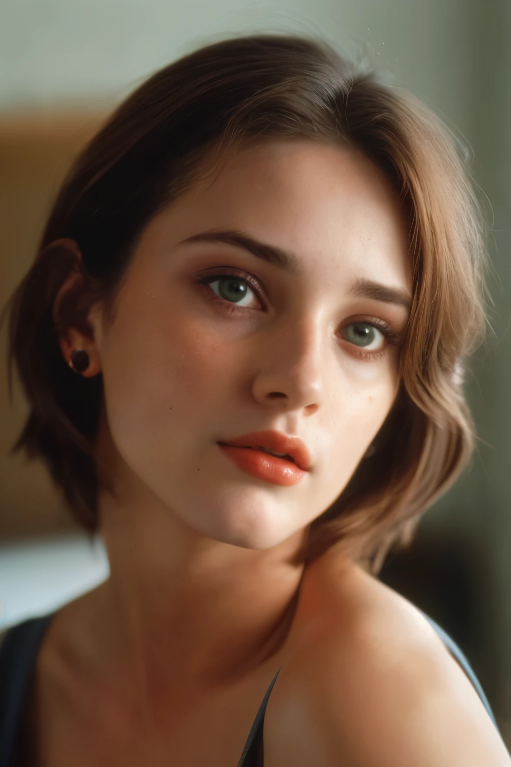 (Close-up, fotografia editorial de uma mulher de 23 anos), (Rosto altamente detalhado:1.4) (sorrir:0.7) (fundo dentro escuro, Moody, estudo privado:1.3) Pov, Directed by: Lee Jeffries, Nikon D850 |, filme fotografia de stock ,4 Kodak Portra 400 ,camera f1.6 lentes ,cores ricas ,hyper realistic ,textura realista, dramatic lighting , cinestill 800,