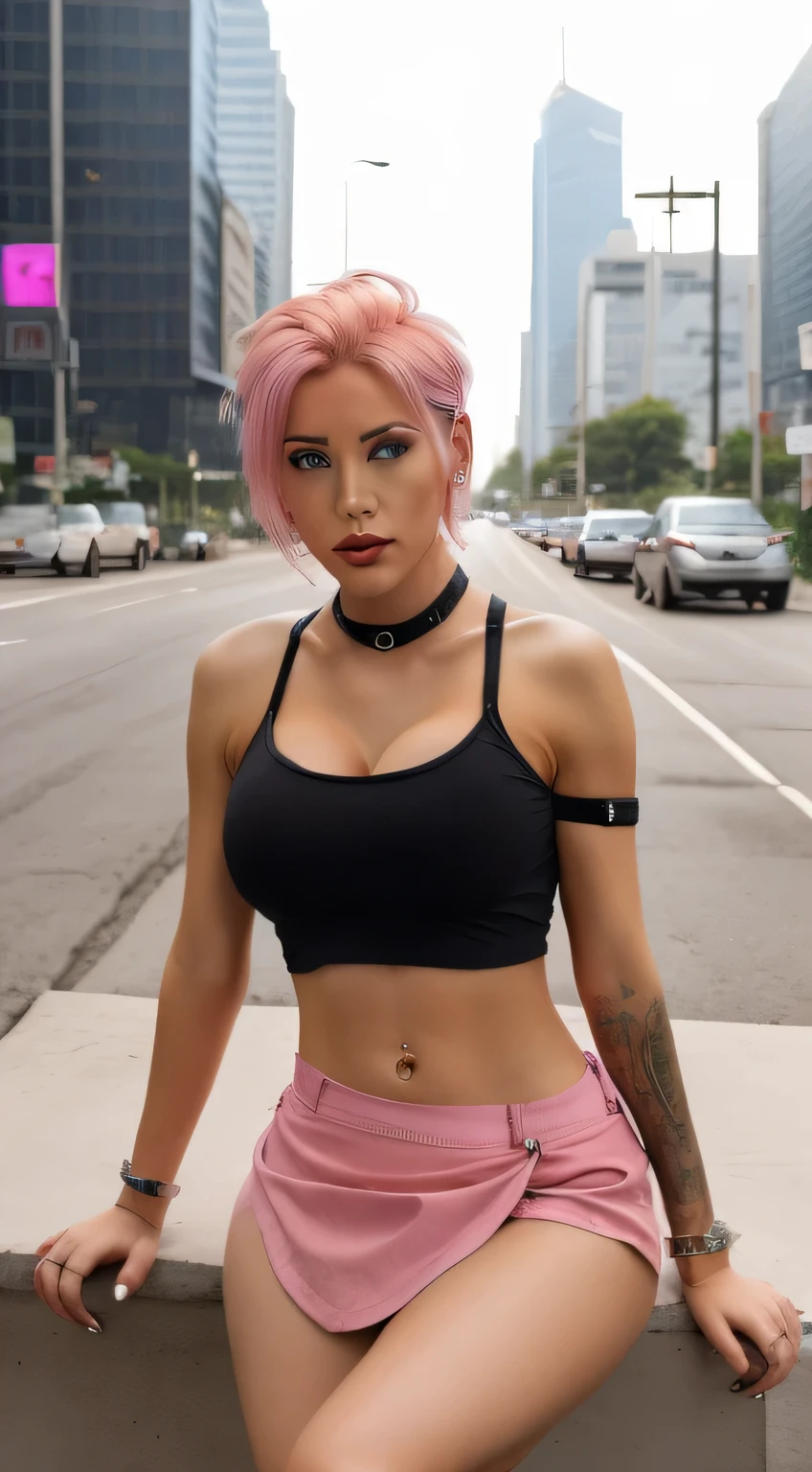 a woman with pink hair and a black top is sitting on a city street with a traffic light in the background, Artgerm,  cyberpunk art, photorealism, 1girl, bangs, bare_shoulders, black_choker, breasts, bridge, brown_eyes, building, choker, city, cityscape, crop_top, jewelry, looking_at_viewer, makeup, midriff, navel, necklace, pink_hair, short_hair, side-tie_panties, sitting, skirt, skyscraper, solo, tank_top