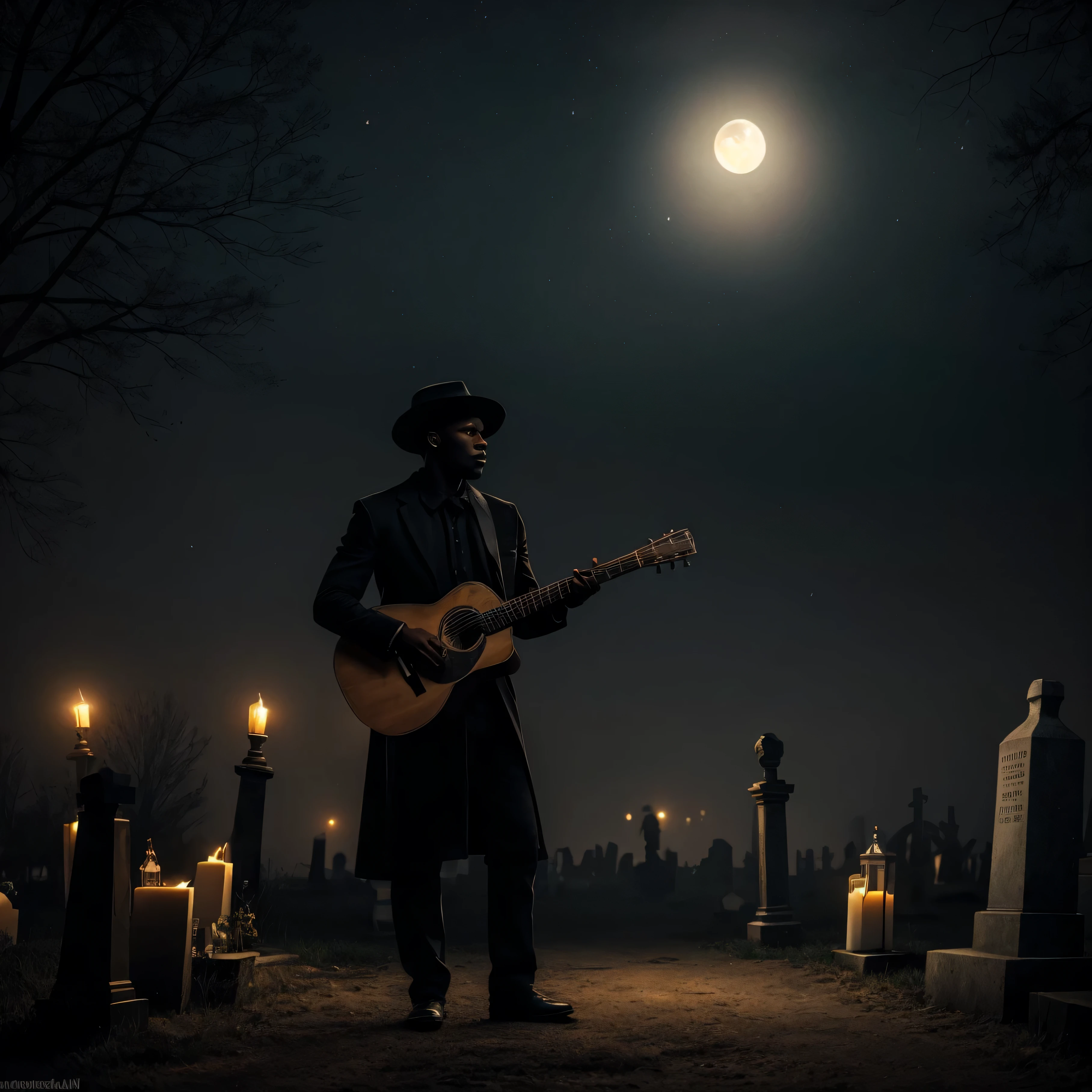 outdoor close-up image of a black man in a hat, playing a perfect folk guitar, em cima de um pentagrama, at a crossroads in a cemetery at night. rodeado de velas com a sombra do DIABO, inspirado no estilo de 1932. (melhor qualidade, 4k, 8K, high resolution, obra de arte: 1.2), ultra detalhado, (Realista, photoRealista, photoRealista: 1.37), vintage, escuro, misterioso, estranho, Temperamental, , sombras suaves, luar esparso, atmosfera nebulosa, calm and sombrio expressions, sombrio, assustadoramente lindo, lanternas ao luar.