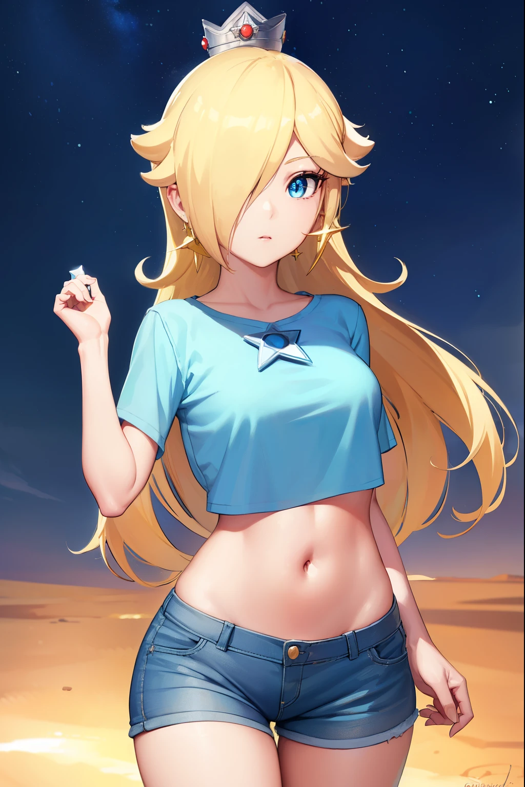 Rosalina, Rosalina, Blonde hair, blue eyes, hair over one eye, long hair, micro shorts, baseball shorts, blouse with star design, belly showing, crown, earrings, jewelry, princess, star earrings, BREAK night , night sky, sky , star\ (sky\), star \(symbol\), space, sun, BREAK looking at the viewer, (cowboy photo: 1.5), BREAK (art: 1.2), best quality, high resolution , 8k unity wallpaper, (art: 0.8), (beautiful detailed eyes: 1.6), extremely detailed face, perfect lighting, extremely detailed CG, (perfect hands, perfect anatomy),