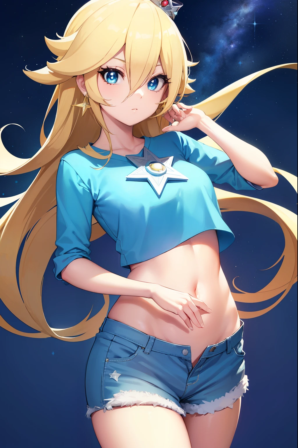 Rosalina, Rosalina, Blonde hair, blue eyes, hair over one eye, long hair,small breasts, micro shorts, white shorts, lower part of the breasts showing, blouse lifted showing part of the breasts, belly showing, crown, earrings, jewelry, princess , star earrings, BREAK night, night sky, sky, star\ (sky\), star \(symbol\), space, sun, BREAK looking at the viewer, (cowboy photo: 1.5), BREAK (art: 1.2 ), best quality, high resolution, 8k unity wallpaper, (artwork: 0.8), (beautiful detailed eyes: 1.6), extremely detailed face, perfect lighting, extremely detailed CG, (perfect hands, anatomy perfect),