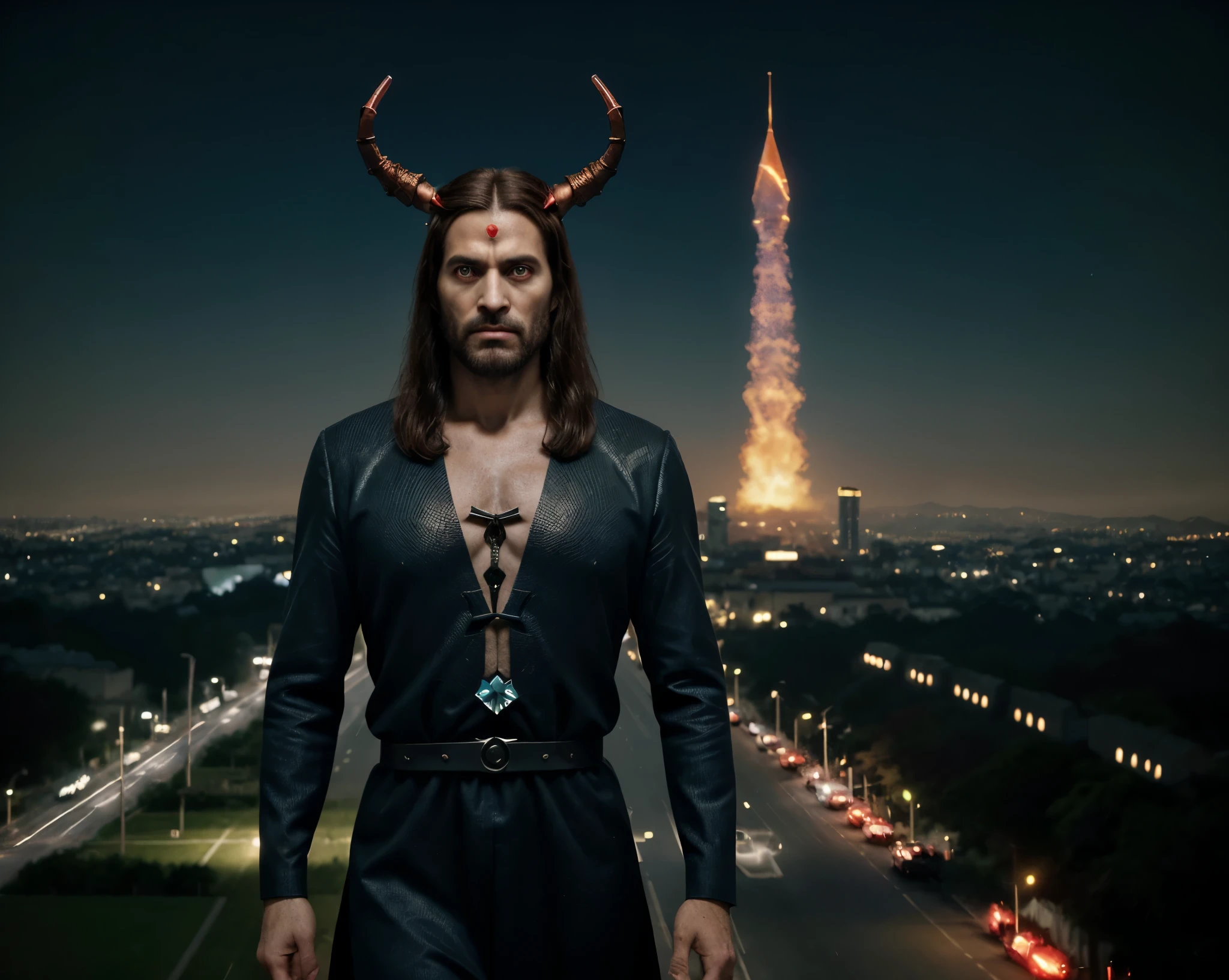 Um homem , vestido de terno , with two demonic horns on its head, your countenance is evil, e possui olhos vermelhos . he is Ant Christ . Em volta dele esta uma multidao de pessoas aplaudindo e celebrando sua presenca . ele esta em uma cidade tecnologica ecologica , com UFOs alienigenigenas sobre a cidade . imagem realista , cinematografica, ultra realista . com efeitos cinematograficos.