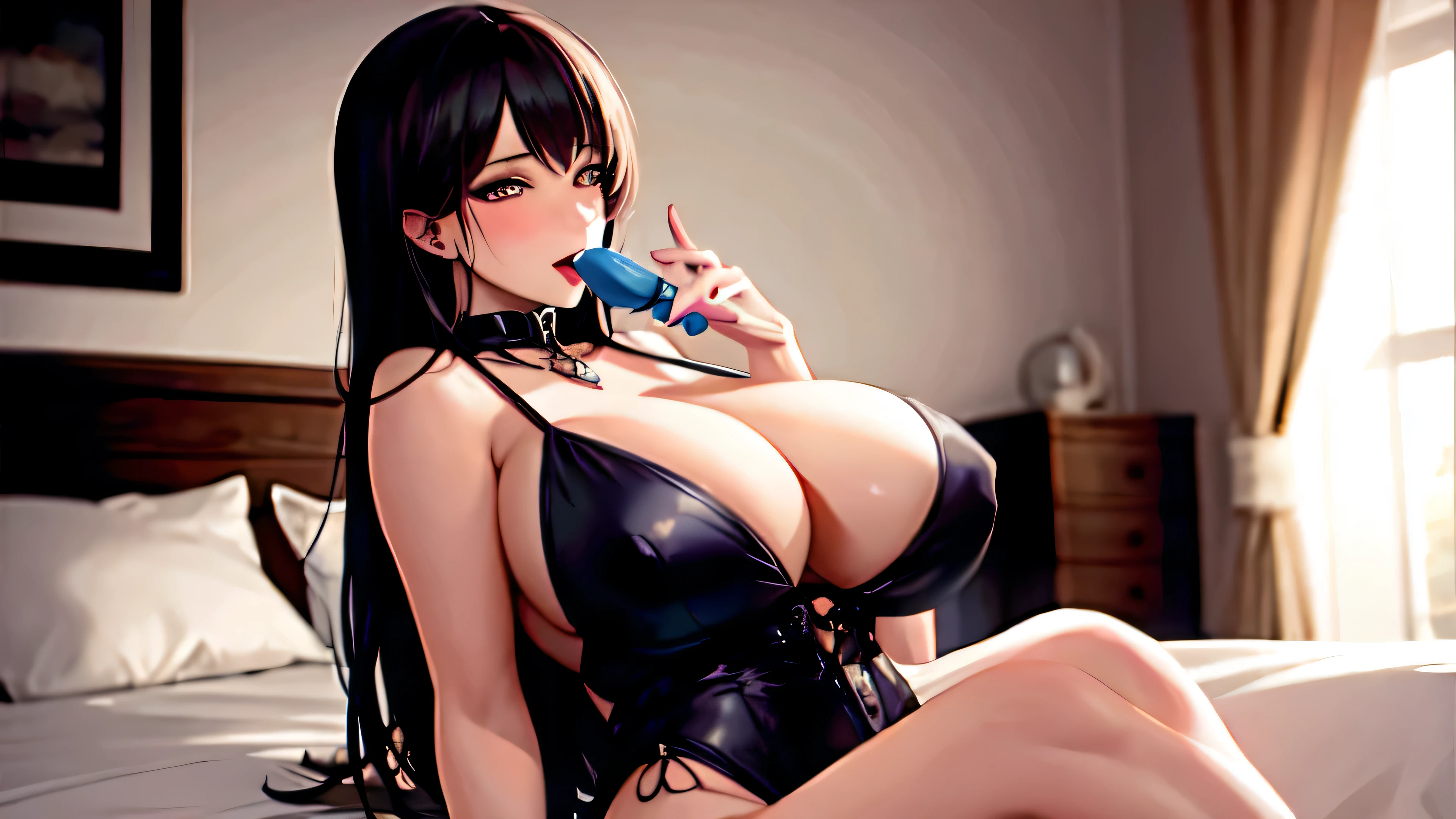 woman playing with another woman's private part, woman with big breasts, woman with dildo in her hand