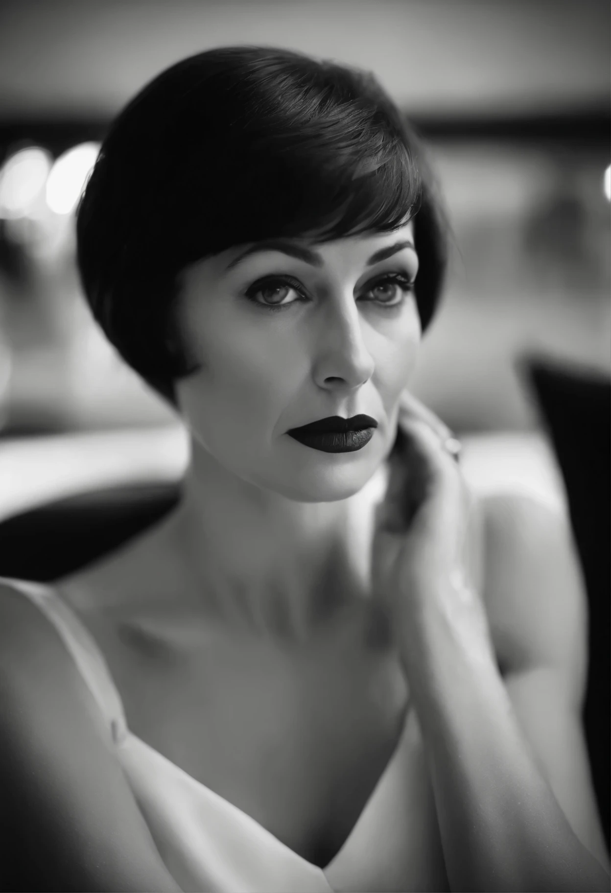 Retrato de uma senhora,de 50 anos,bonita, labios grossos, botox, cabelos loiros acinzentado chanel bob cut, usando jaleco branco. os olhos