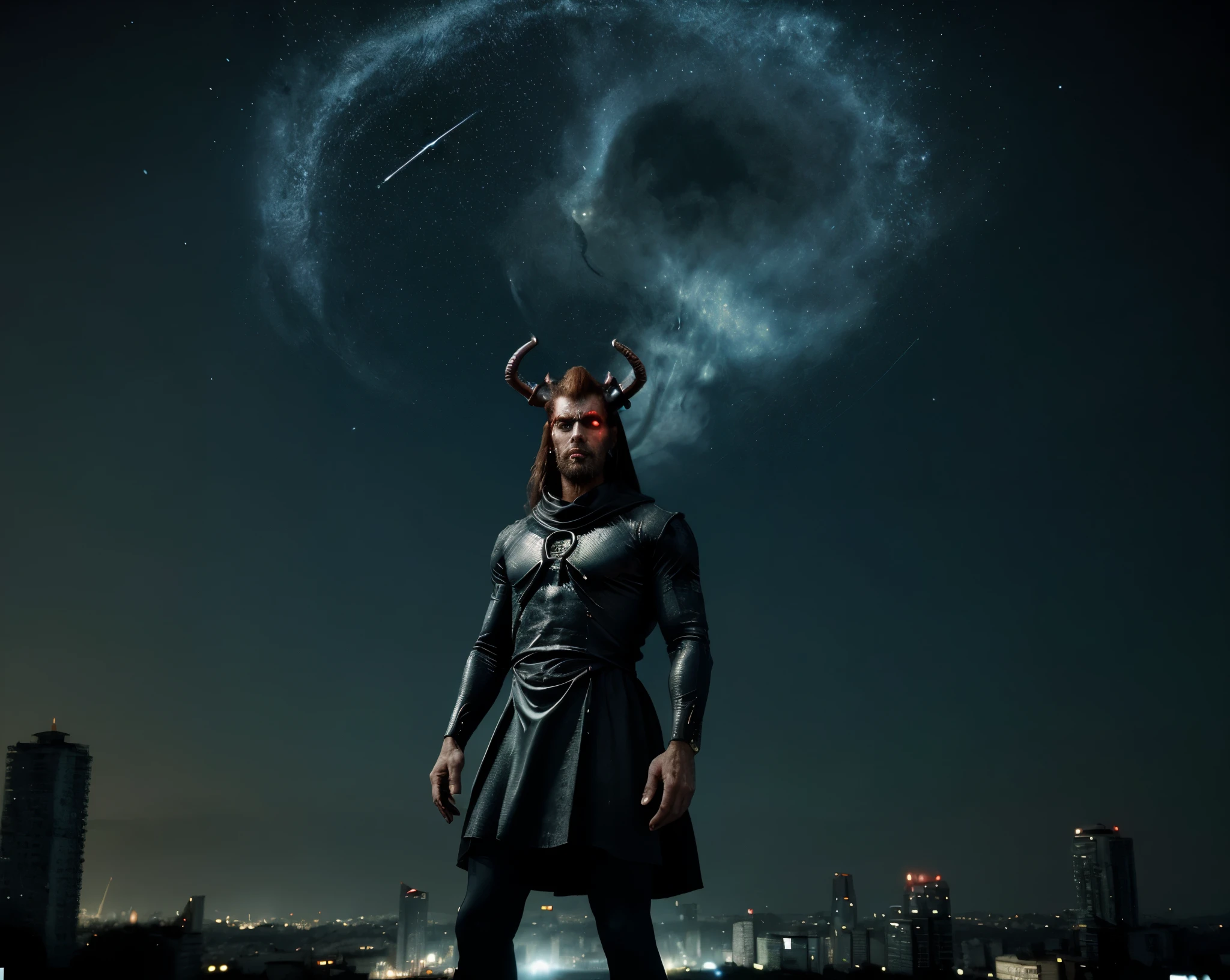 Um homem , vestido de terno , with two demonic horns on its head, your countenance is evil, e possui olhos vermelhos . he is Ant Christ . Em volta dele esta uma multidao de pessoas aplaudindo e celebrando sua presenca . ele esta em uma cidade tecnologica ecologica , com UFOs alienigenigenas sobre a cidade . imagem realista , cinematografica, ultra realista . com efeitos cinematograficos.