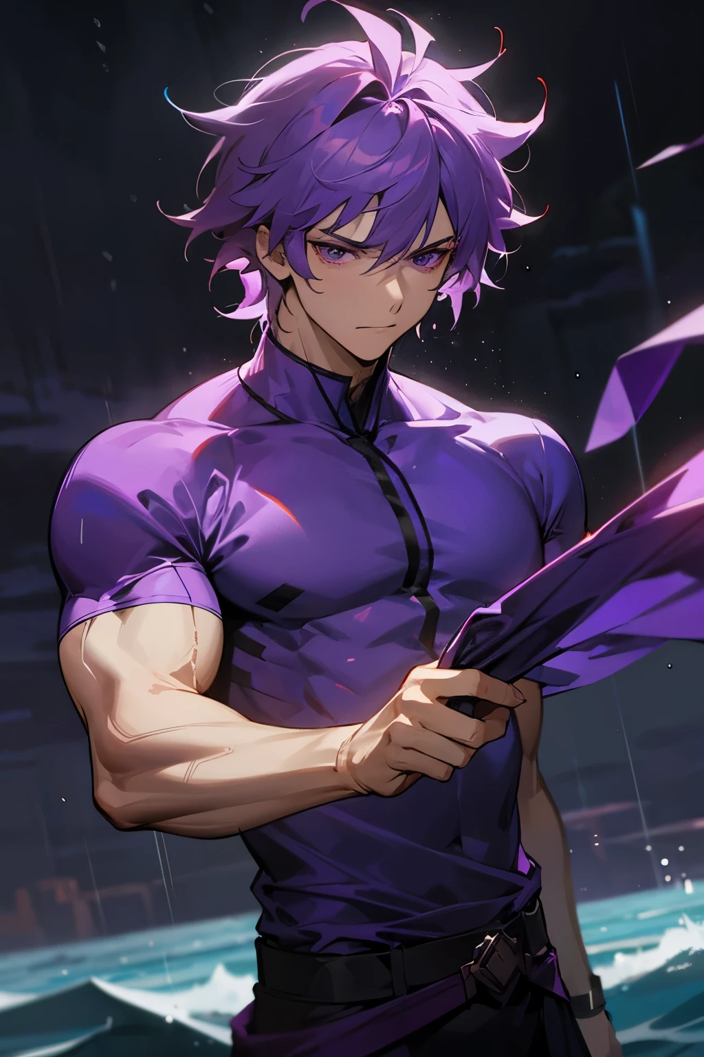 1male, muscular, purple Hair, messy Hair, purple Eyes, Jedi Clothing, Ocean blue shirt, red undershirt, raining background,
