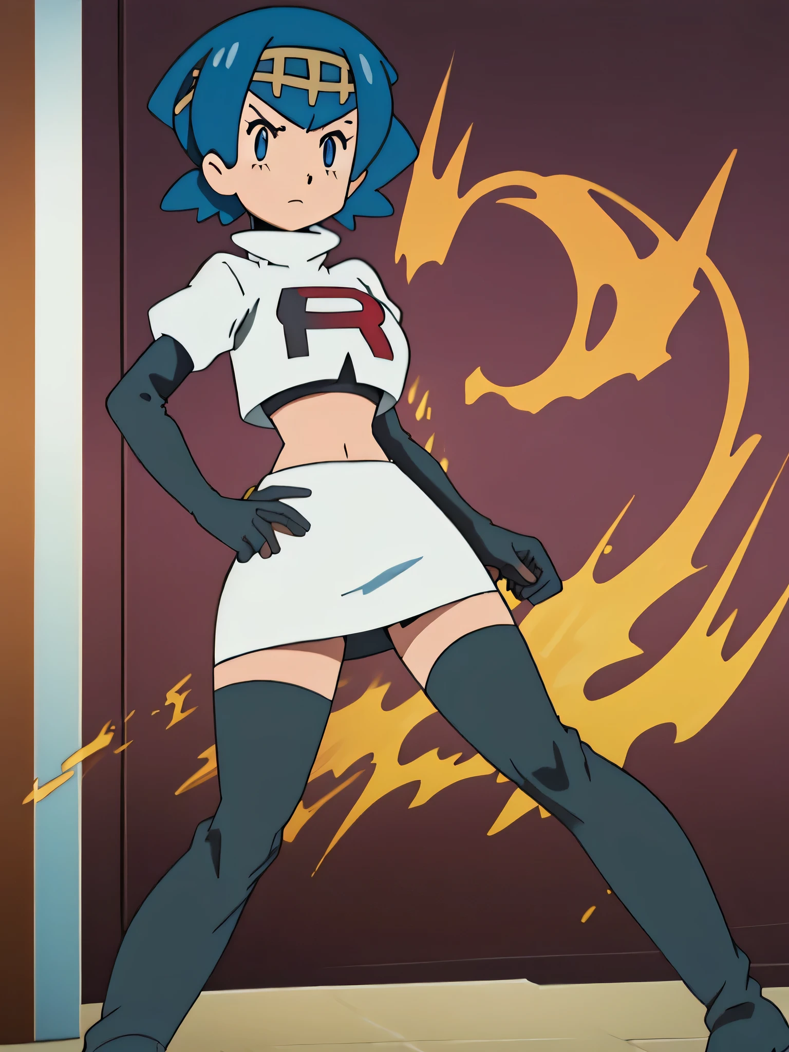 masterpiece,best quality,high res,high quality,8k, masterpiece,highres, team rocket uniform, red letter r, white skirt,white crop top,black thigh-high boots, black elbow gloves, glaring angrily, looking down at viewer, hands on hips, cowboy shot, zettai ryouiki,spread legs,from below, black panties,anime style, vivid colors, sharp focus, intense lighting,pkmnLana