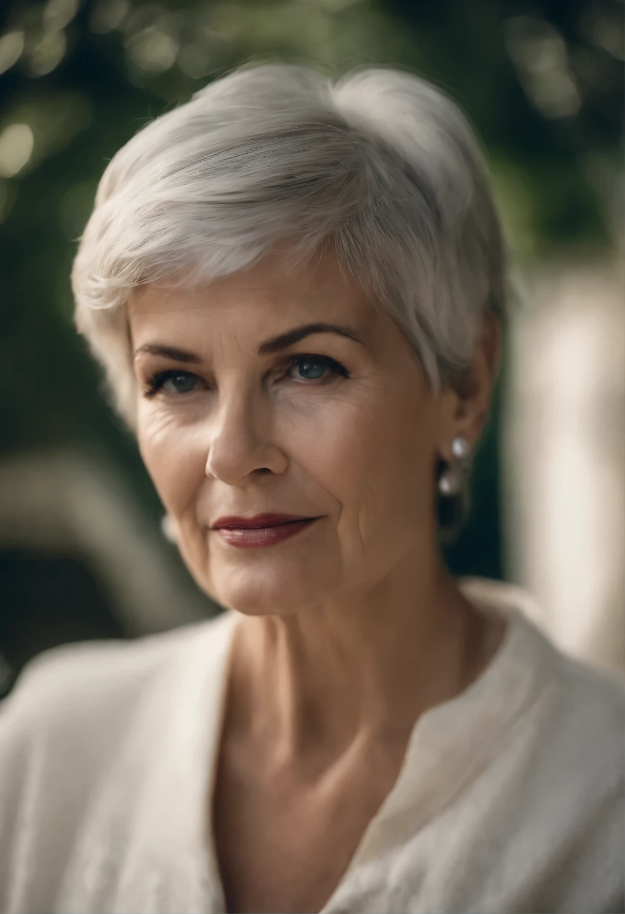 Jaleco branco. Retrato de uma senhora de 50 anos, bonita, cabelos loiros acinzentado chanel bob cut, usando jaleco branco. Mulher 50 anos rica jaleco branco