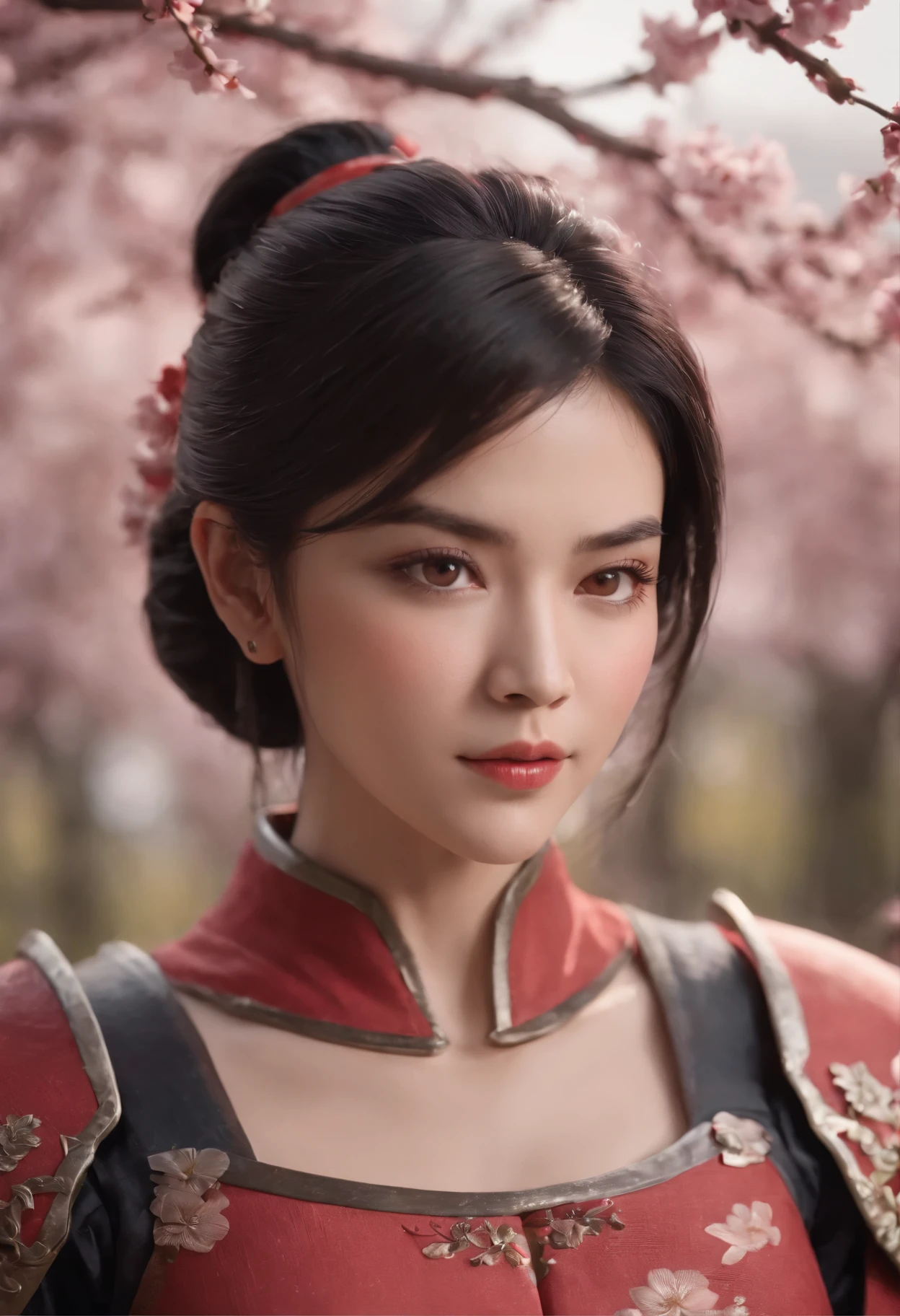a beautiful short black hair woman, dressed in red samurai armor, red scarlet eyes, with sakura flower in the background, soft lighting, finely detailed features, intricate brush strokes, beautiful lighting, Cinematic, Color Grading, Depth of Field, intricate details, Unreal Engine, Character Concept Art, creative, expressive, stylized anatomy, digital art, 3D rendering, unique, award-winning, Adobe Photoshop, 3D Studio Max, well-developed concept, distinct personality, consistent style, HW*