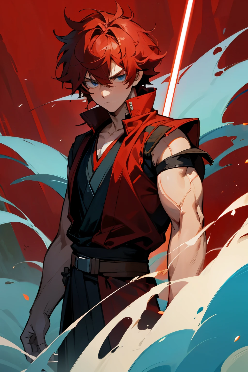 1male, muscular, red Hair, messy Hair, blue Eyes, Jedi Clothing, red undershirt, forest background, starwars

