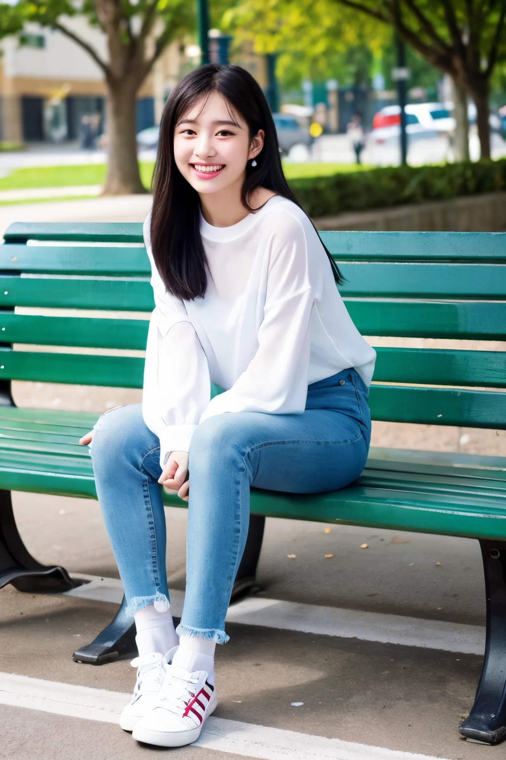 ((highest quality)), A neat and beautiful woman sitting on a park bench、long sleeve blouse、skinny denim、sneakers、Socks slightly visible through shoes、black hair、smile、smiling showing teeth、full body photo、ear piercing