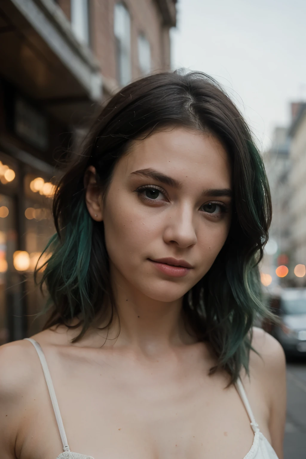 ((best quality)), ((masterpiece)), (detailed), perfect face, german woman, single mom, blue green hair, wavy hair, shoulder length hair, black eyes, city