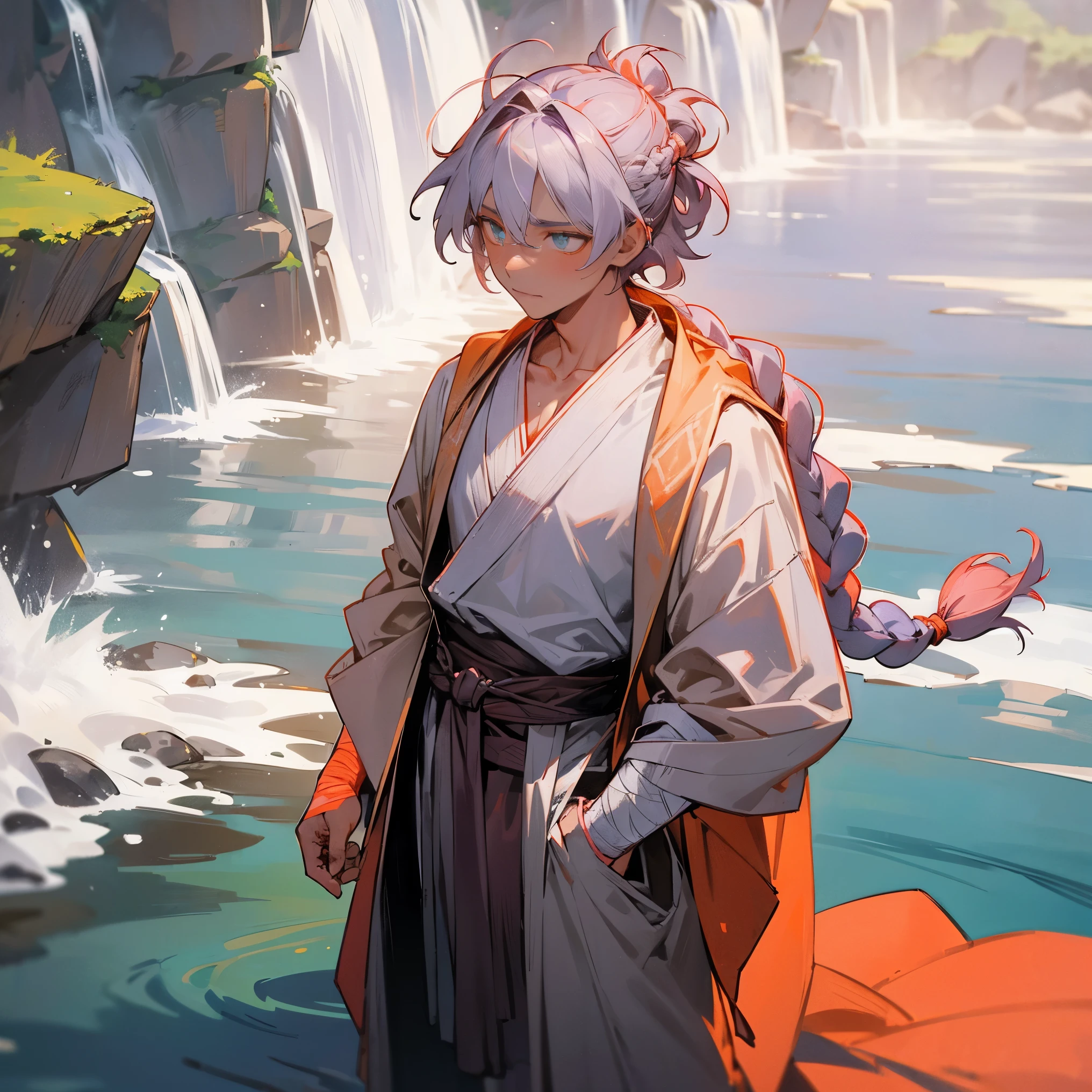 1male, young teen, tan skin, finely detailed coral eyes, medium messy hair with braided man bun, pale lavender hair color, jedi robe, poncho, bandages wrapped around arms, bandolier across chest, standing with hands in pocket, standing on mountain trail, waterfall 