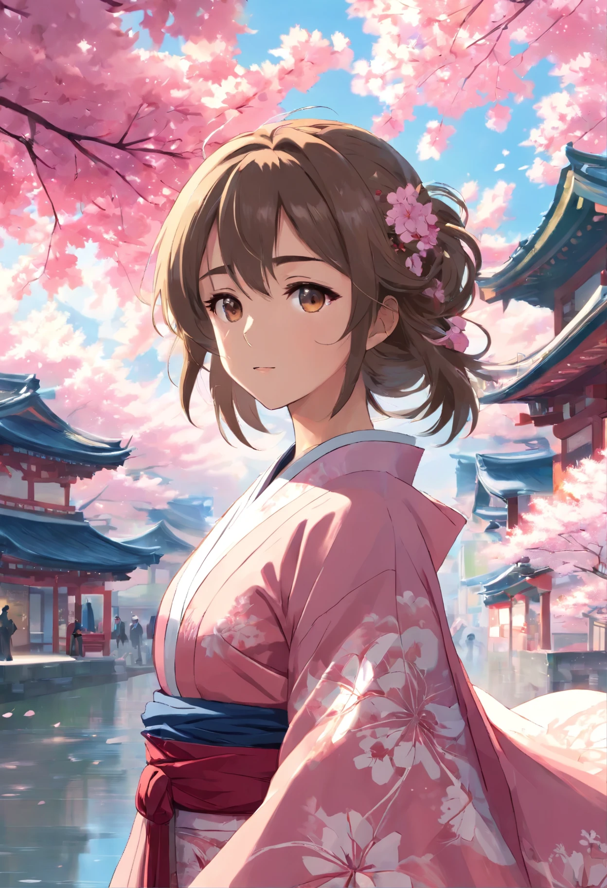 (masterpiece, top quality, best quality, official art, beautiful and aesthetic:1.2), (1girl), extreme detailed,(fractal art:1.3),colorful,highest detailed,ppcp,r1ge, sakura, cherry_blossoms, pink kimono,animated, sakura, kimono