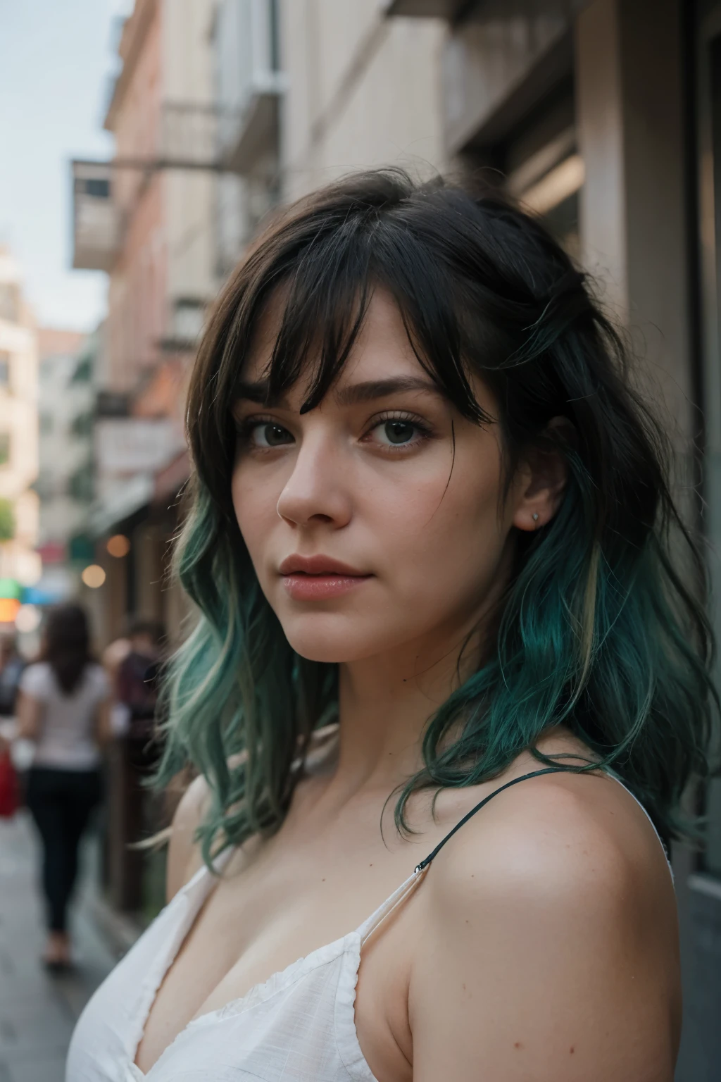 ((best quality)), ((masterpiece)), (detailed), perfect face, german woman, single mom, blue green hair, wavy hair, shoulder length hair, bangs, black eyes, city