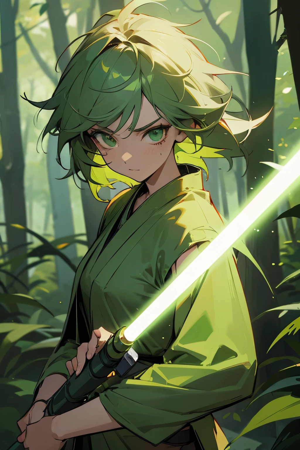 female, muscular, green Hair, messy Hair, green Eyes, Jedi Clothing, green undershirt, forest background, starwars