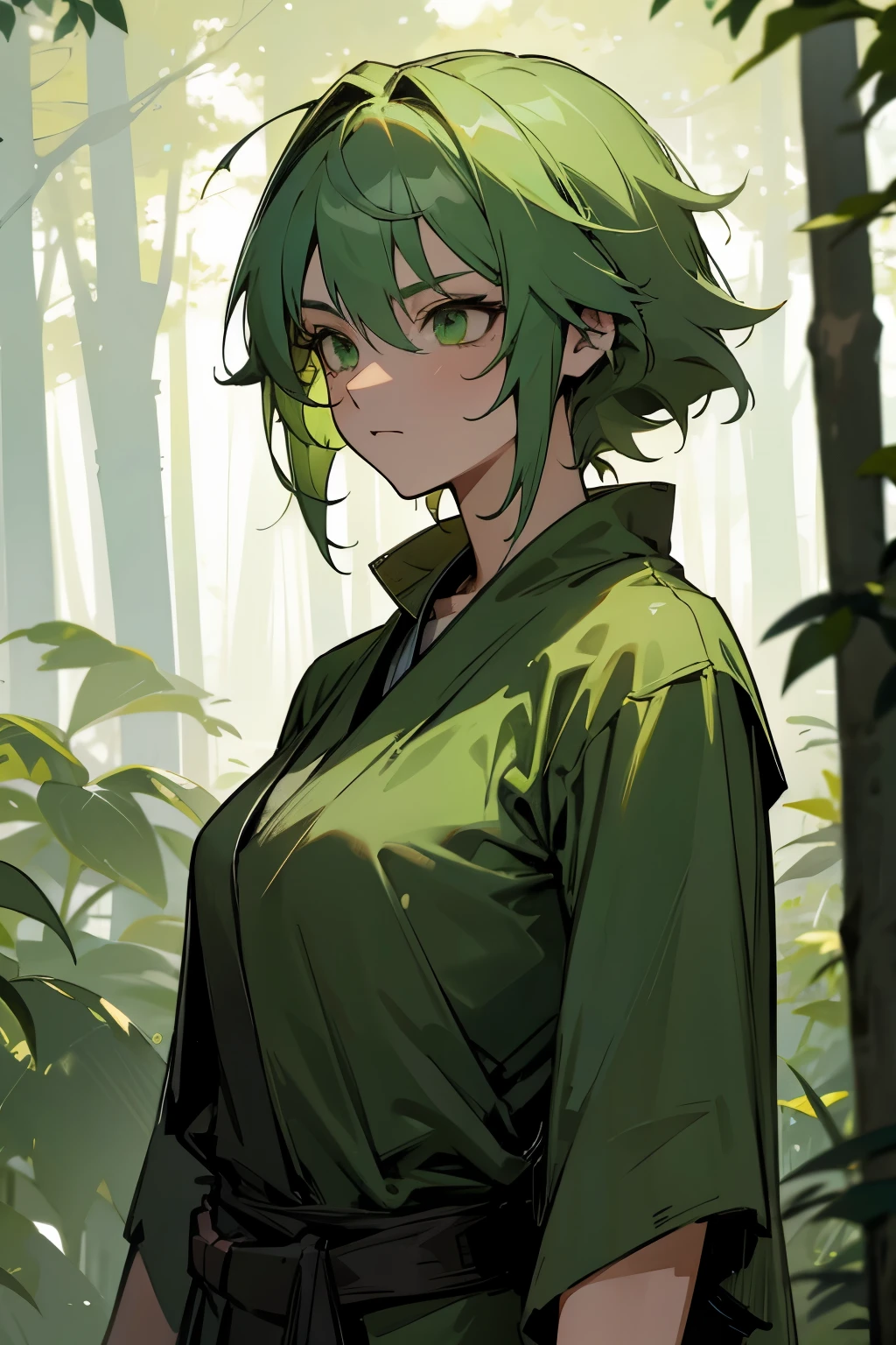 female, muscular, green Hair, messy Hair, green Eyes, Jedi Clothing, green undershirt, forest background, starwars
