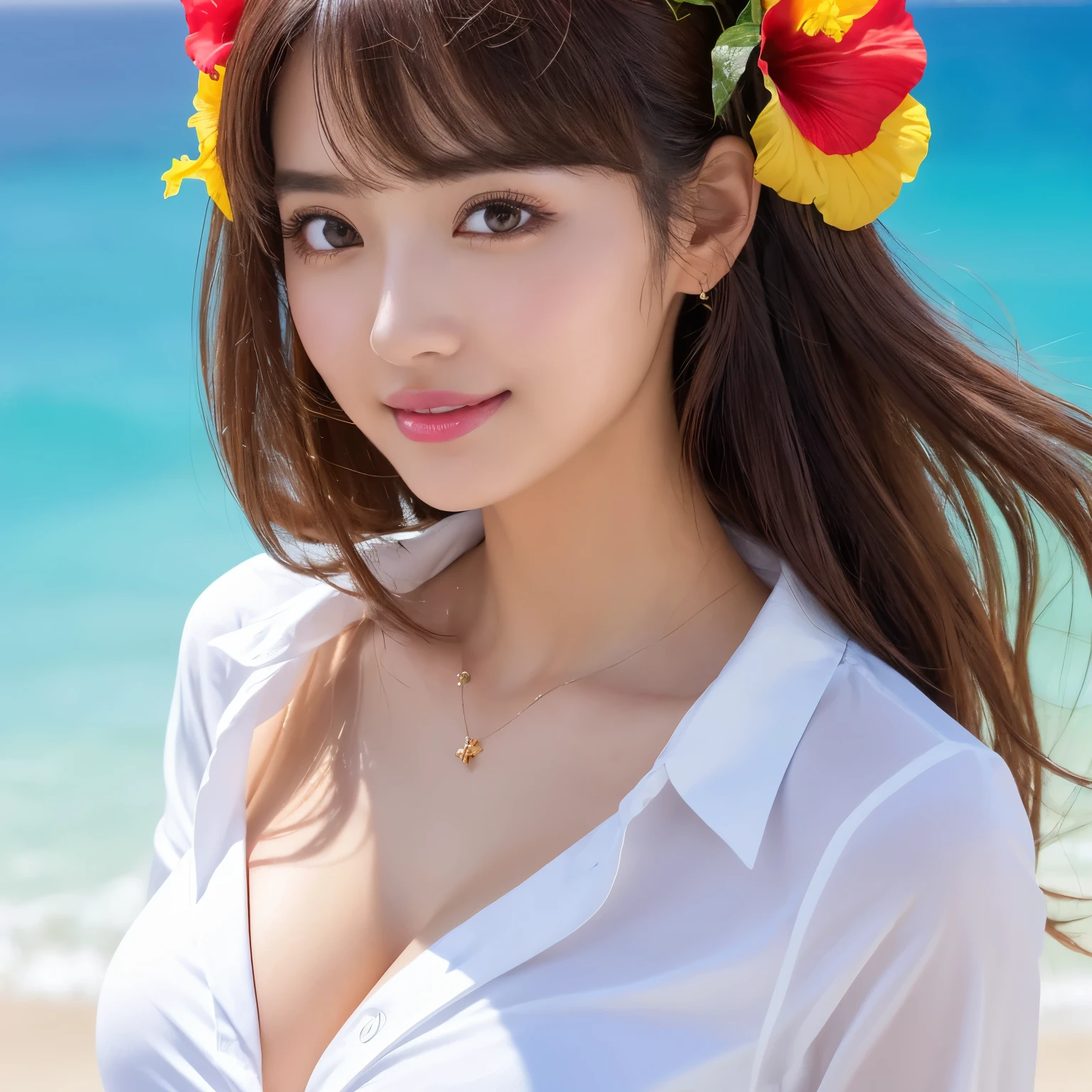 ((highest quality、table top、8k、best image quality、extremely complex and detailed depiction))、(1 person photo:1.1)、The best smile staring at the camera、(beautiful beach:1.05)、(fully expose the chest:1.1)、(He has a hibiscus hair ornament on his head.:1.15)、(White polyester shirt worn unbuttoned:1.2)、high school uniform、(Huge breasts that are about to burst:1.1)、(emphasize body line:1.1)、cleavage、(close up of face:1.4)、glamorous body、hair swaying in the wind、sandy beach、beautiful sea、Recreate the perfect details of a deserted island、(clear, Sparkling, live bee:1.1)、Complex sea glow、beautiful seaの詳細が描かれています、Brightly lit face、Ultra high definition beauty face、ultra high definition hair、Super high-definition Sparkling eyes、(Pure white skin shining in ultra-high resolution:1.1)、Super high resolution glossy lips、sculpture pose、(very bright and vivid:1.2)