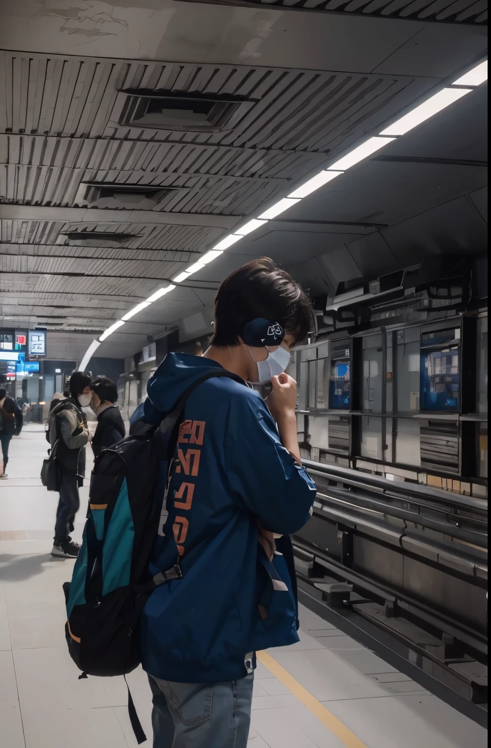 Korean boy high quality unity 8k realistic wallpaper 4 D higher resolution hyper realistic mysterious scenery with a realistic face mask and the boy looking left side