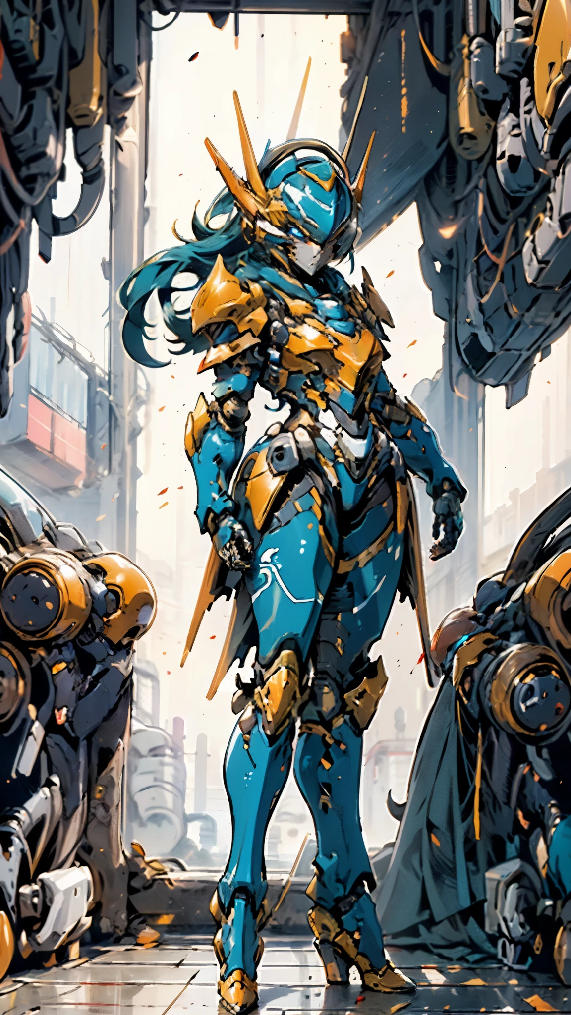 A woman adorned in fantasy-style full-body armor, a crown-concept fully enclosed helmet that unveils only her eyes, a composite layered chest plate, fully encompassing shoulder and hand guards, a lightweight waist armor, form-fitting shin guards, the overall design is heavy-duty yet flexible, ((the armor gleams with a golden glow, complemented by red and blue accents)), exhibiting a noble aura, she floats above a fantasy-surreal high-tech city, this character embodies a finely crafted fantasy-surreal style armored hero in anime style, exquisite and mature manga art style, (Queen bee mixed with Spider concept Armor, plasma, blood), ((Element, energy, elegant, goddess, femminine:1.5)), metallic, high definition, best quality, highres, ultra-detailed, ultra-fine painting, extremely delicate, professional, anatomically correct, symmetrical face, extremely detailed eyes and face, high quality eyes, creativity, RAW photo, UHD, 32k, Natural light, cinematic lighting, masterpiece-anatomy-perfect, masterpiece:1.5