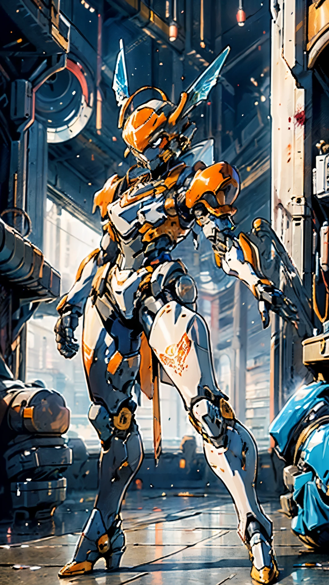 A woman adorned in fantasy-style full-body armor, a crown-concept fully enclosed helmet that unveils only her eyes, a composite layered chest plate, fully encompassing shoulder and hand guards, a lightweight waist armor, form-fitting shin guards, the overall design is heavy-duty yet flexible, ((the armor gleams with a golden glow, complemented by red and blue accents)), exhibiting a noble aura, she floats above a fantasy-surreal high-tech city, this character embodies a finely crafted fantasy-surreal style armored hero in anime style, exquisite and mature manga art style, (Queen bee mixed with Spider concept Armor, plasma, blood), ((Element, energy, elegant, goddess, femminine:1.5)), metallic, high definition, best quality, highres, ultra-detailed, ultra-fine painting, extremely delicate, professional, anatomically correct, symmetrical face, extremely detailed eyes and face, high quality eyes, creativity, RAW photo, UHD, 32k, Natural light, cinematic lighting, masterpiece-anatomy-perfect, masterpiece:1.5