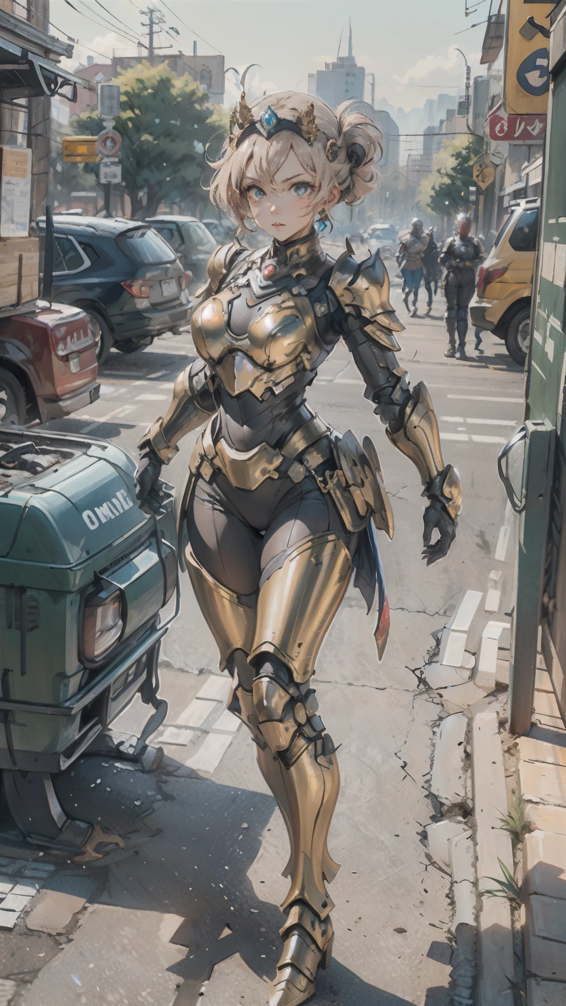 A woman adorned in fantasy-style full-body armor, a crown-concept fully enclosed helmet that unveils only her eyes, a composite layered chest plate, fully encompassing shoulder and hand guards, a lightweight waist armor, form-fitting shin guards, the overall design is heavy-duty yet flexible, ((the armor gleams with a golden glow, complemented by red and blue accents)), exhibiting a noble aura, she floats above a fantasy-surreal high-tech city, this character embodies a finely crafted fantasy-surreal style armored hero in anime style, exquisite and mature manga art style, (Queen bee mixed with Spider concept Armor, plasma, blood), ((Element, energy, elegant, goddess, femminine:1.5)), metallic, high definition, best quality, highres, ultra-detailed, ultra-fine painting, extremely delicate, professional, anatomically correct, symmetrical face, extremely detailed eyes and face, high quality eyes, creativity, RAW photo, UHD, 32k, Natural light, cinematic lighting, masterpiece-anatomy-perfect, masterpiece:1.5