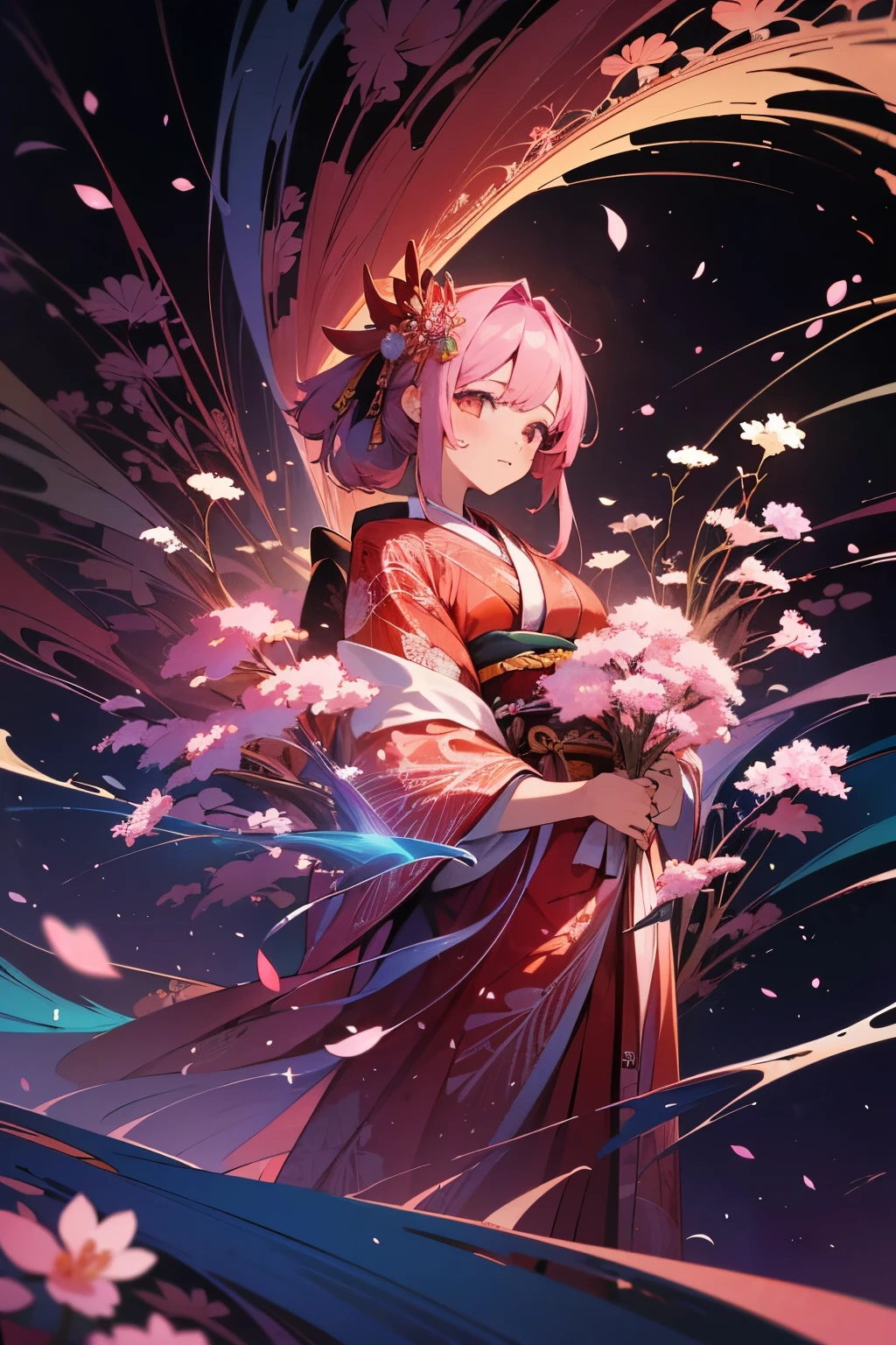 (masterpiece, top quality, best quality, official art, beautiful and aesthetic:1.2), (1girl), extreme detailed,(fractal art:1.3),colorful,highest detailed,ppcp,r1ge, sakura, cherry_blossoms, pink kimono,animated, sakura, kimono