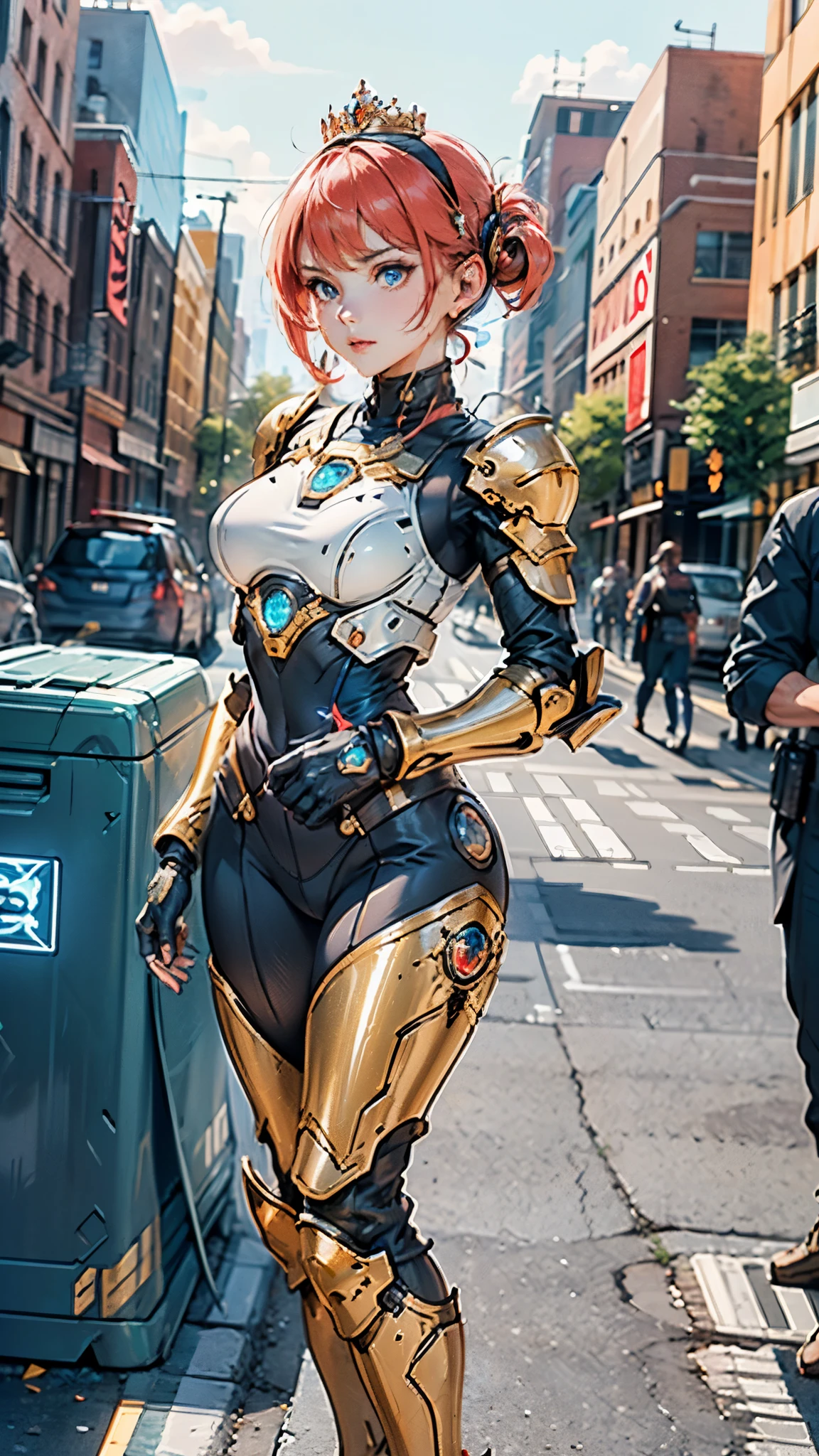 A woman adorned in fantasy-style full-body armor, a crown-concept fully enclosed helmet that unveils only her eyes, a composite layered chest plate, fully encompassing shoulder and hand guards, a lightweight waist armor, form-fitting shin guards, the overall design is heavy-duty yet flexible, ((the armor gleams with a golden glow, complemented by red and blue accents)), exhibiting a noble aura, she floats above a fantasy-surreal high-tech city, this character embodies a finely crafted fantasy-surreal style armored hero in anime style, exquisite and mature manga art style, (Queen bee mixed with Spider concept Armor, plasma, blood), ((Element, energy, elegant, goddess, femminine:1.5)), metallic, high definition, best quality, highres, ultra-detailed, ultra-fine painting, extremely delicate, professional, anatomically correct, symmetrical face, extremely detailed eyes and face, high quality eyes, creativity, RAW photo, UHD, 32k, Natural light, cinematic lighting, masterpiece-anatomy-perfect, masterpiece:1.5