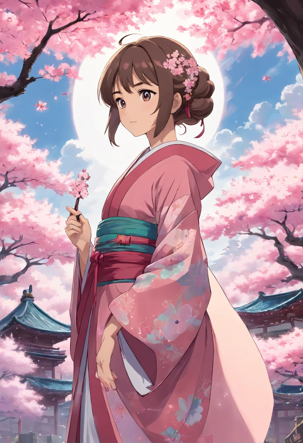 (masterpiece, top quality, best quality, official art, beautiful and aesthetic:1.2), (1girl), extreme detailed,(fractal art:1.3),colorful,highest detailed,ppcp,r1ge, sakura, cherry_blossoms, pink kimono,animated, sakura, kimono
