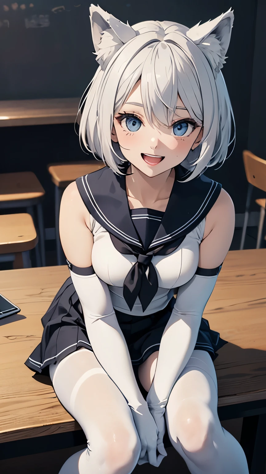 table top　High level image quality　best image quality　8k　 adult woman　portrait　white long gloves（elbow bag）　white pantyhose　sailor suit（Sleeveless mini skirt　white wolf ears　short hair（（shortcut）（gray hair）（perm）（fluffy））　eye color is blue　fascinating face（（laughter）（smile）（open your mouth））　beautiful feet