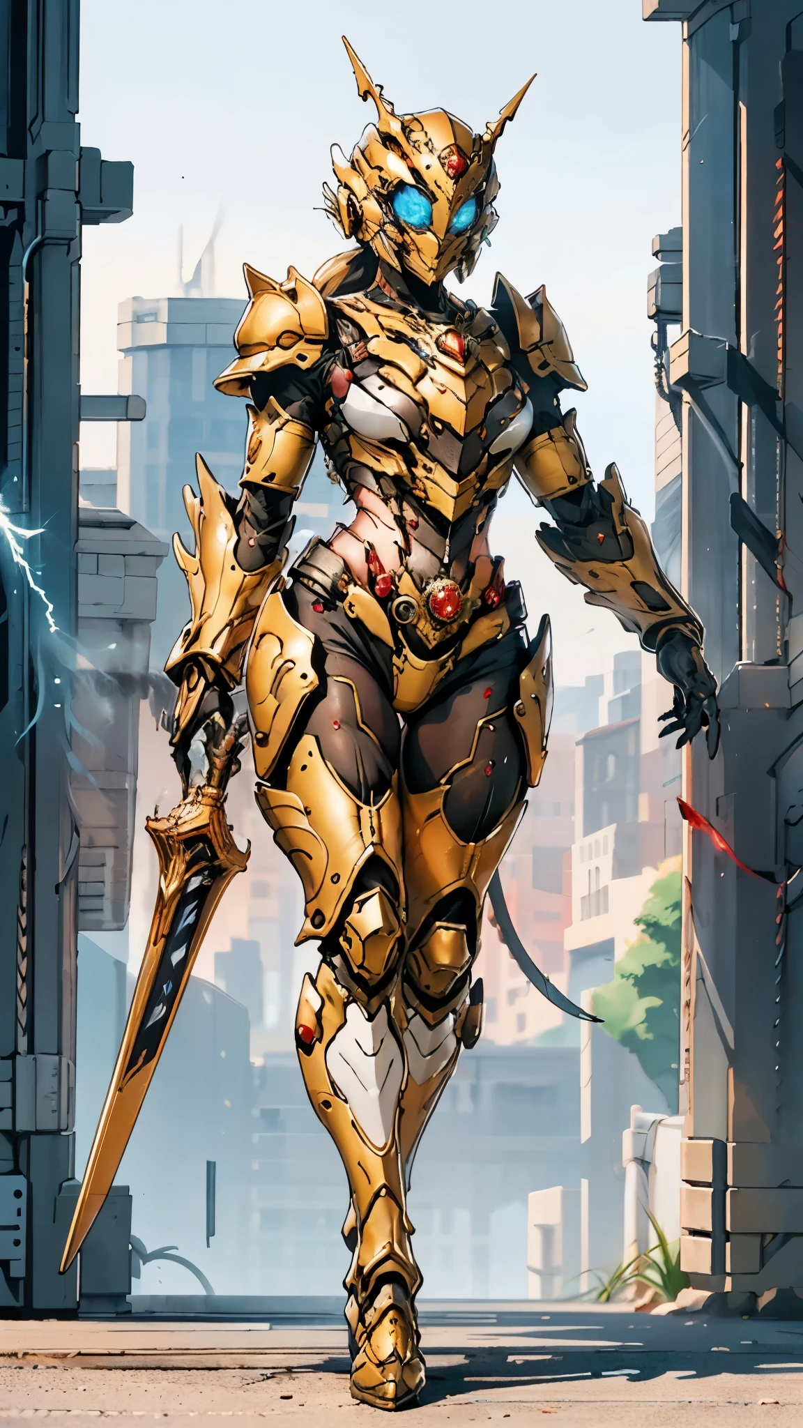 A woman adorned in fantasy-style full-body armor, a crown-concept fully enclosed helmet that unveils only her eyes, a composite layered chest plate, fully encompassing shoulder and hand guards, a lightweight waist armor, form-fitting shin guards, the overall design is heavy-duty yet flexible, ((the armor gleams with a golden glow, complemented by red and blue accents)), exhibiting a noble aura, she floats above a fantasy-surreal high-tech city, this character embodies a finely crafted fantasy-surreal style armored hero in anime style, exquisite and mature manga art style, (Queen bee mixed with Spider concept Armor, plasma, blood), ((Element, energy, elegant, goddess, femminine:1.5)), metallic, high definition, best quality, highres, ultra-detailed, ultra-fine painting, extremely delicate, professional, anatomically correct, symmetrical face, extremely detailed eyes and face, high quality eyes, creativity, RAW photo, UHD, 32k, Natural light, cinematic lighting, masterpiece-anatomy-perfect, masterpiece:1.5