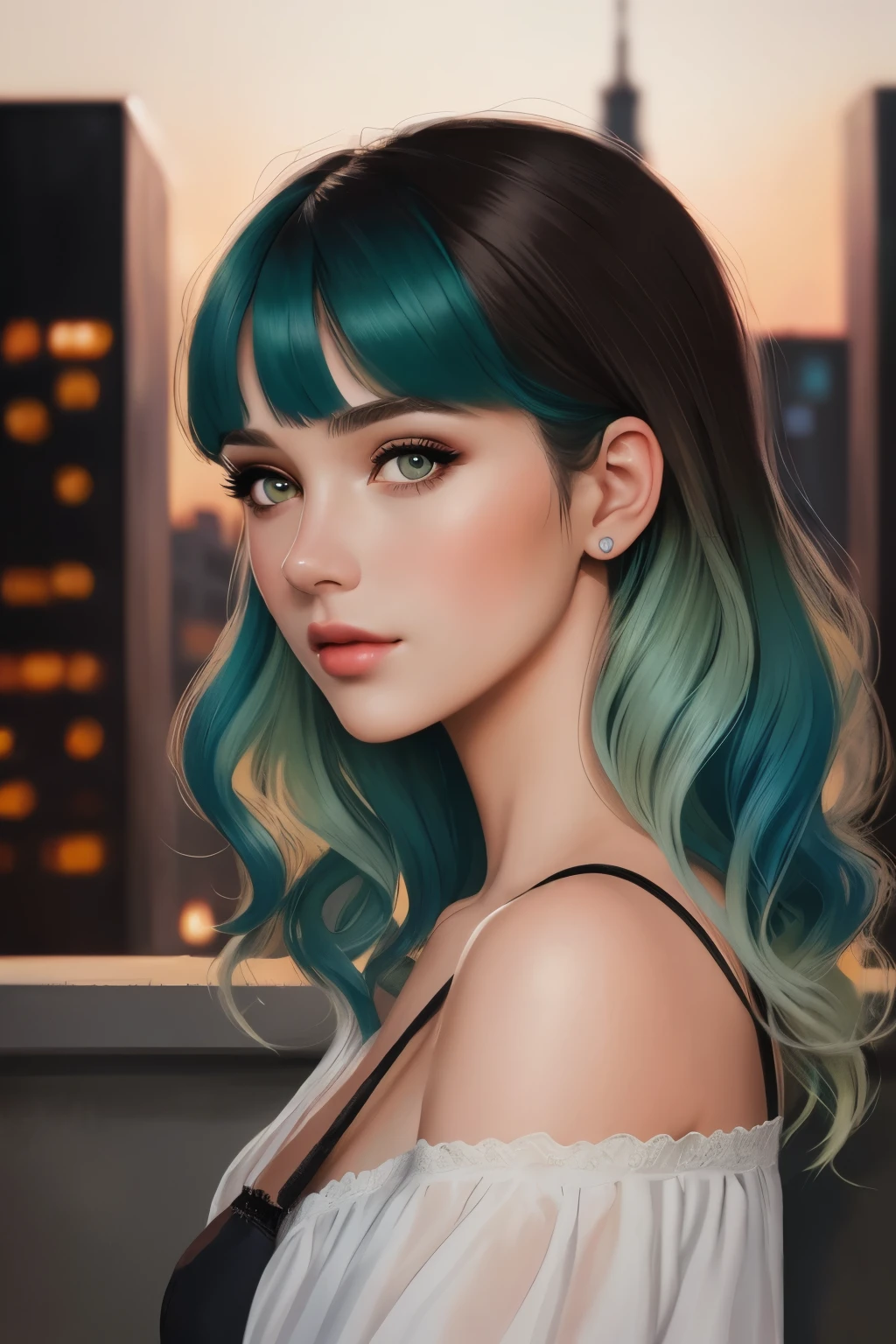 ((best quality)), ((illustration)), (detailed), perfect face, german woman, single mom, ombre blue green hair, wavy hair, shoulder length hair, bangs, black brown eyes, city
