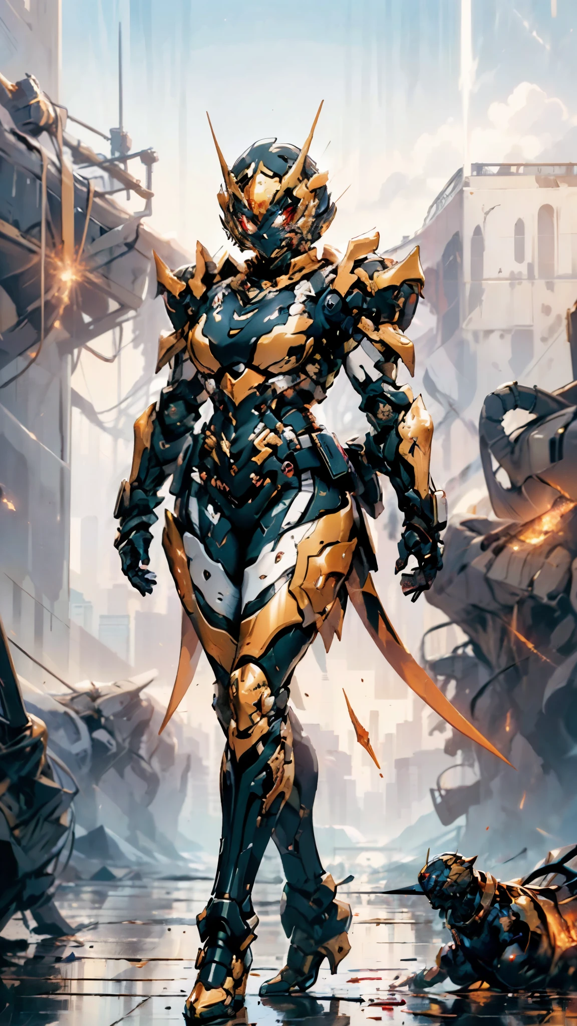 A woman adorned in fantasy-style full-body armor, a crown-concept fully enclosed helmet that unveils only her eyes, a composite layered chest plate, fully encompassing shoulder and hand guards, a lightweight waist armor, form-fitting shin guards, the overall design is heavy-duty yet flexible, ((the armor gleams with a golden glow, complemented by red and blue accents)), exhibiting a noble aura, she floats above a fantasy-surreal high-tech city, this character embodies a finely crafted fantasy-surreal style armored hero in anime style, exquisite and mature manga art style, (Queen bee mixed with Spider concept Armor, plasma, blood), ((Element, energy, elegant, goddess, femminine:1.5)), metallic, high definition, best quality, highres, ultra-detailed, ultra-fine painting, extremely delicate, professional, anatomically correct, symmetrical face, extremely detailed eyes and face, high quality eyes, creativity, RAW photo, UHD, 32k, Natural light, cinematic lighting, masterpiece-anatomy-perfect, masterpiece:1.5