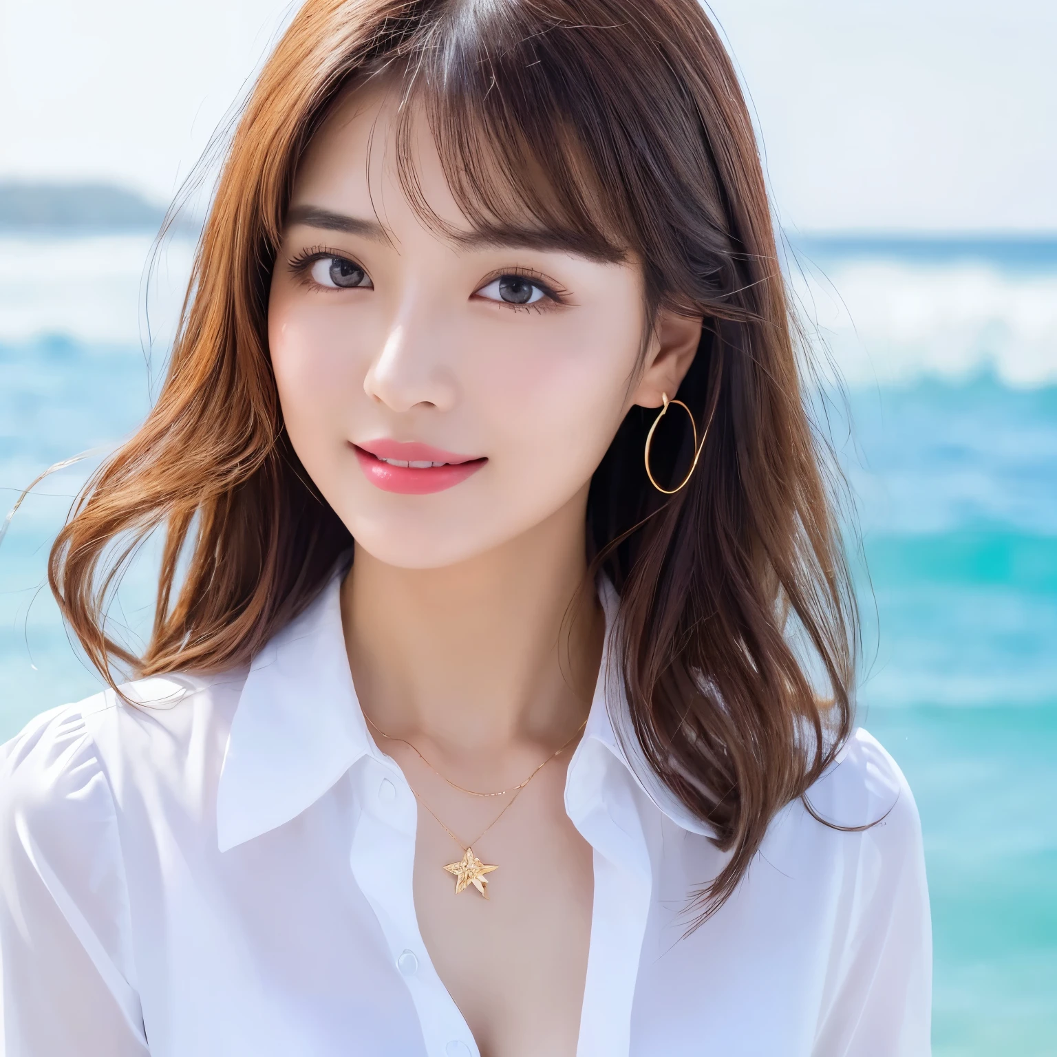 ((highest quality、table top、8k、best image quality、extremely complex and detailed depiction))、(1 person photo:1.1)、The best smile staring at the camera、(beautiful beach:1.05)、(fully expose the chest:1.1)、(There is only one red hibiscus hair ornament on the head.:1.15)、(White polyester shirt worn unbuttoned:1.2)、high school uniform、(Huge breasts that are about to burst:1.1)、(emphasize body line:1.1)、cleavage、(close up of face:1.4)、glamorous body、hair swaying in the wind、sandy beach、beautiful sea、Recreate the perfect details of a deserted island、(clear, Sparkling, live bee:1.1)、Complex sea glow、beautiful seaの詳細が描かれています、Brightly lit face、Ultra high definition beauty face、ultra high definition hair、Super high-definition Sparkling eyes、(Pure white skin shining in ultra-high resolution:1.1)、Super high resolution glossy lips、sculpture pose、(very bright and vivid:1.2)