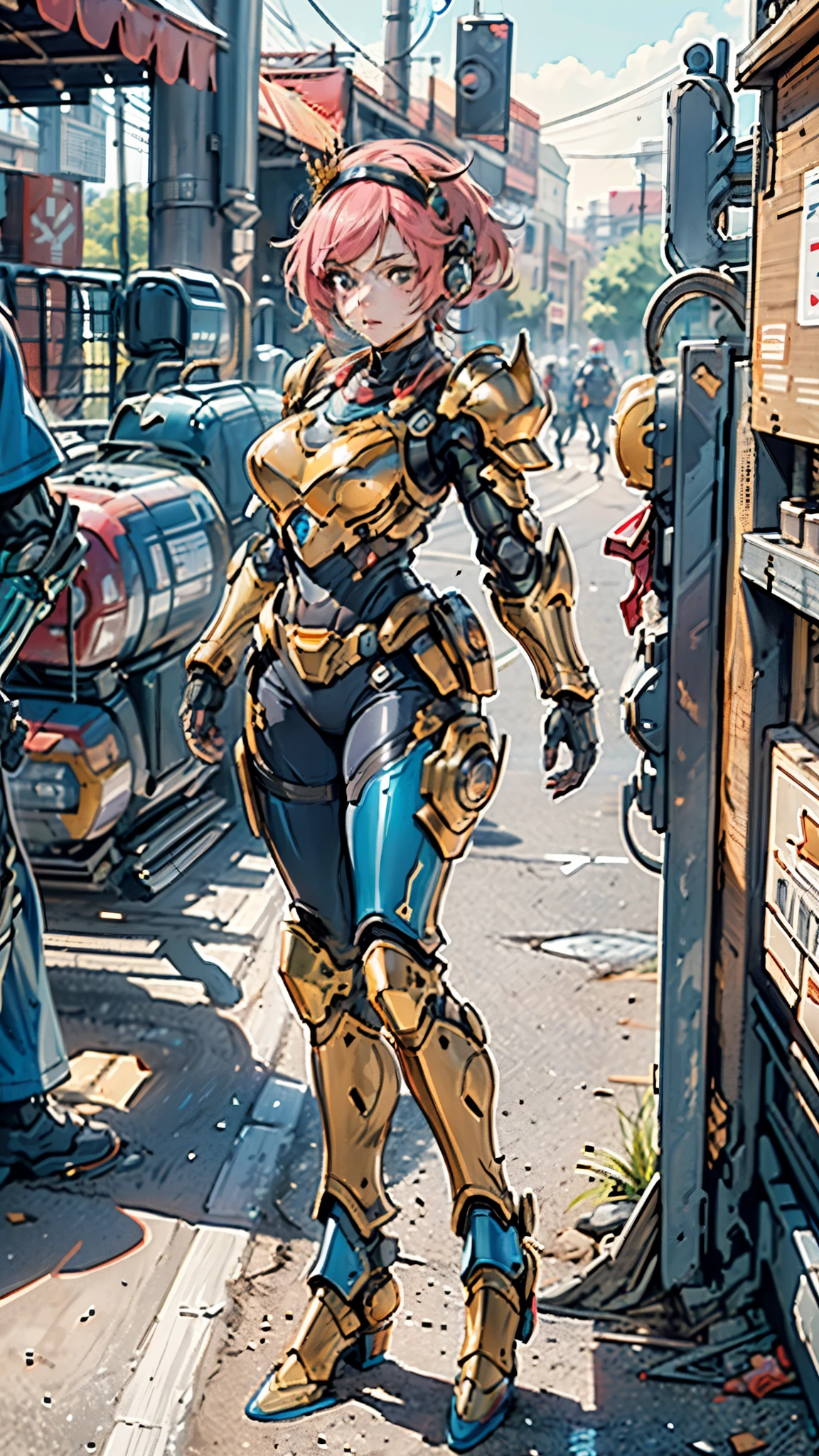 A woman adorned in fantasy-style full-body armor, a crown-concept fully enclosed helmet that unveils only her eyes, a composite layered chest plate, fully encompassing shoulder and hand guards, a lightweight waist armor, form-fitting shin guards, the overall design is heavy-duty yet flexible, ((the armor gleams with a golden glow, complemented by red and blue accents)), exhibiting a noble aura, she floats above a fantasy-surreal high-tech city, this character embodies a finely crafted fantasy-surreal style armored hero in anime style, exquisite and mature manga art style, (Queen bee mixed with Spider concept Armor, plasma, blood), ((Element, energy, elegant, goddess, femminine:1.5)), metallic, high definition, best quality, highres, ultra-detailed, ultra-fine painting, extremely delicate, professional, anatomically correct, symmetrical face, extremely detailed eyes and face, high quality eyes, creativity, RAW photo, UHD, 32k, Natural light, cinematic lighting, masterpiece-anatomy-perfect, masterpiece:1.5