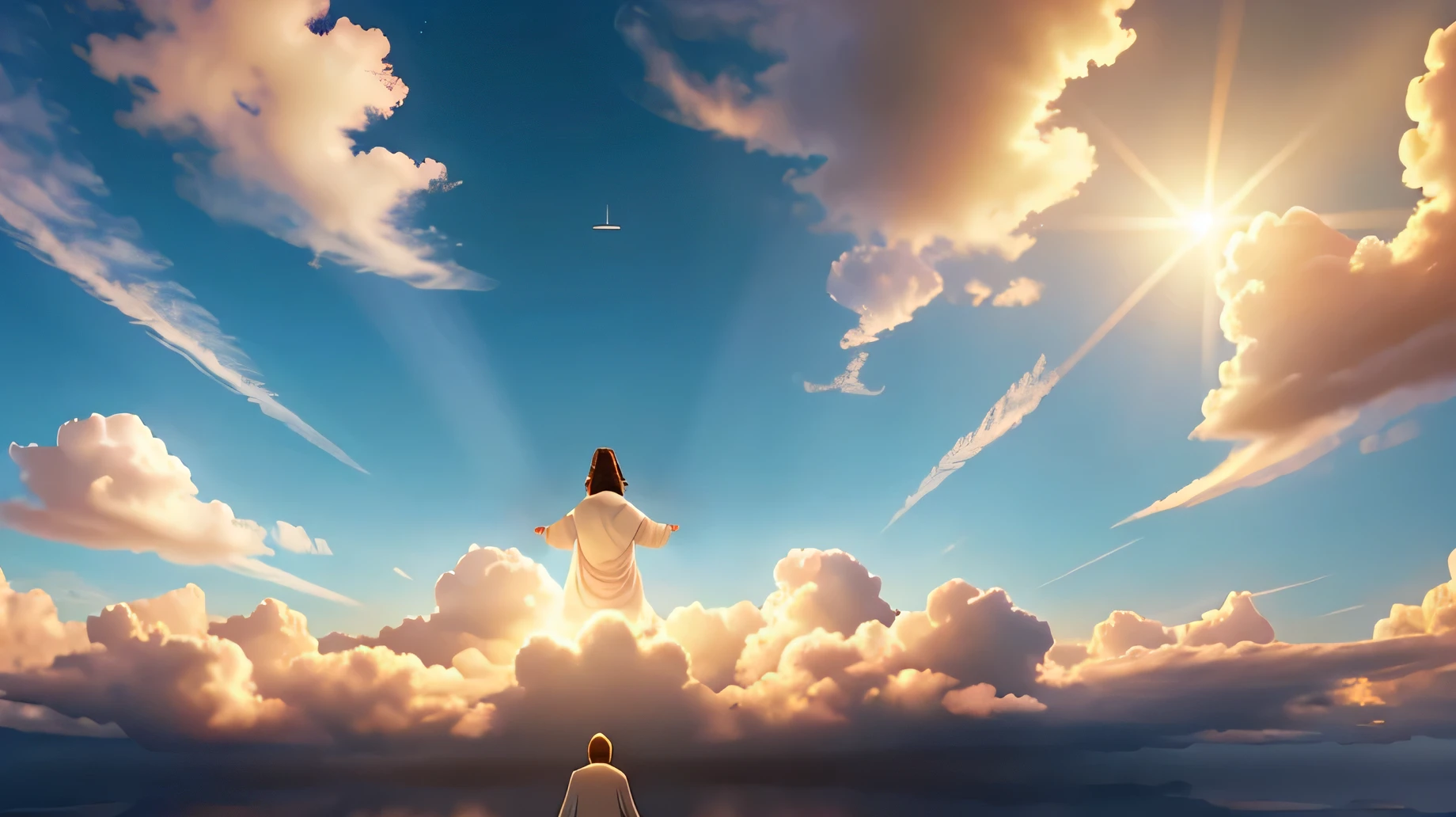 The Ascension: A final scene of Jesus&#39; ascension to heaven, with him rising among the clouds while his disciples look up in awe and gratitude.