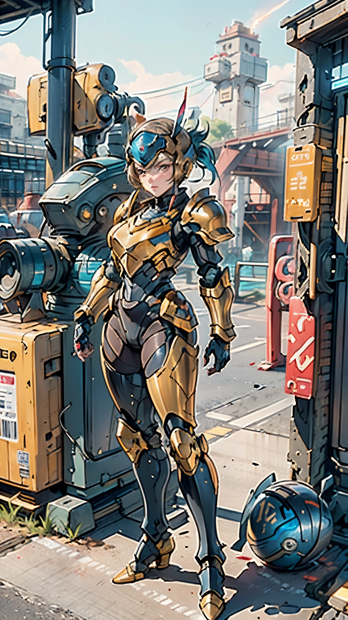 A woman adorned in fantasy-style full-body armor, a crown-concept fully enclosed helmet that unveils only her eyes, a composite layered chest plate, fully encompassing shoulder and hand guards, a lightweight waist armor, form-fitting shin guards, the overall design is heavy-duty yet flexible, ((the armor gleams with a golden glow, complemented by red and blue accents)), exhibiting a noble aura, she floats above a fantasy-surreal high-tech city, this character embodies a finely crafted fantasy-surreal style armored hero in anime style, exquisite and mature manga art style, (Queen bee mixed with Spider concept Armor, plasma, blood), ((Element, energy, elegant, goddess, femminine:1.5)), metallic, high definition, best quality, highres, ultra-detailed, ultra-fine painting, extremely delicate, professional, anatomically correct, symmetrical face, extremely detailed eyes and face, high quality eyes, creativity, RAW photo, UHD, 32k, Natural light, cinematic lighting, masterpiece-anatomy-perfect, masterpiece:1.5