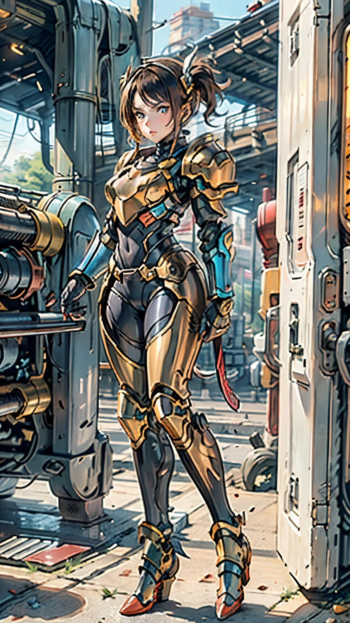 A woman adorned in fantasy-style full-body armor, a crown-concept fully enclosed helmet that unveils only her eyes, a composite layered chest plate, fully encompassing shoulder and hand guards, a lightweight waist armor, form-fitting shin guards, the overall design is heavy-duty yet flexible, ((the armor gleams with a golden glow, complemented by red and blue accents)), exhibiting a noble aura, she floats above a fantasy-surreal high-tech city, this character embodies a finely crafted fantasy-surreal style armored hero in anime style, exquisite and mature manga art style, (Queen bee mixed with Spider concept Armor, plasma, blood), ((Element, energy, elegant, goddess, femminine:1.5)), metallic, high definition, best quality, highres, ultra-detailed, ultra-fine painting, extremely delicate, professional, anatomically correct, symmetrical face, extremely detailed eyes and face, high quality eyes, creativity, RAW photo, UHD, 32k, Natural light, cinematic lighting, masterpiece-anatomy-perfect, masterpiece:1.5