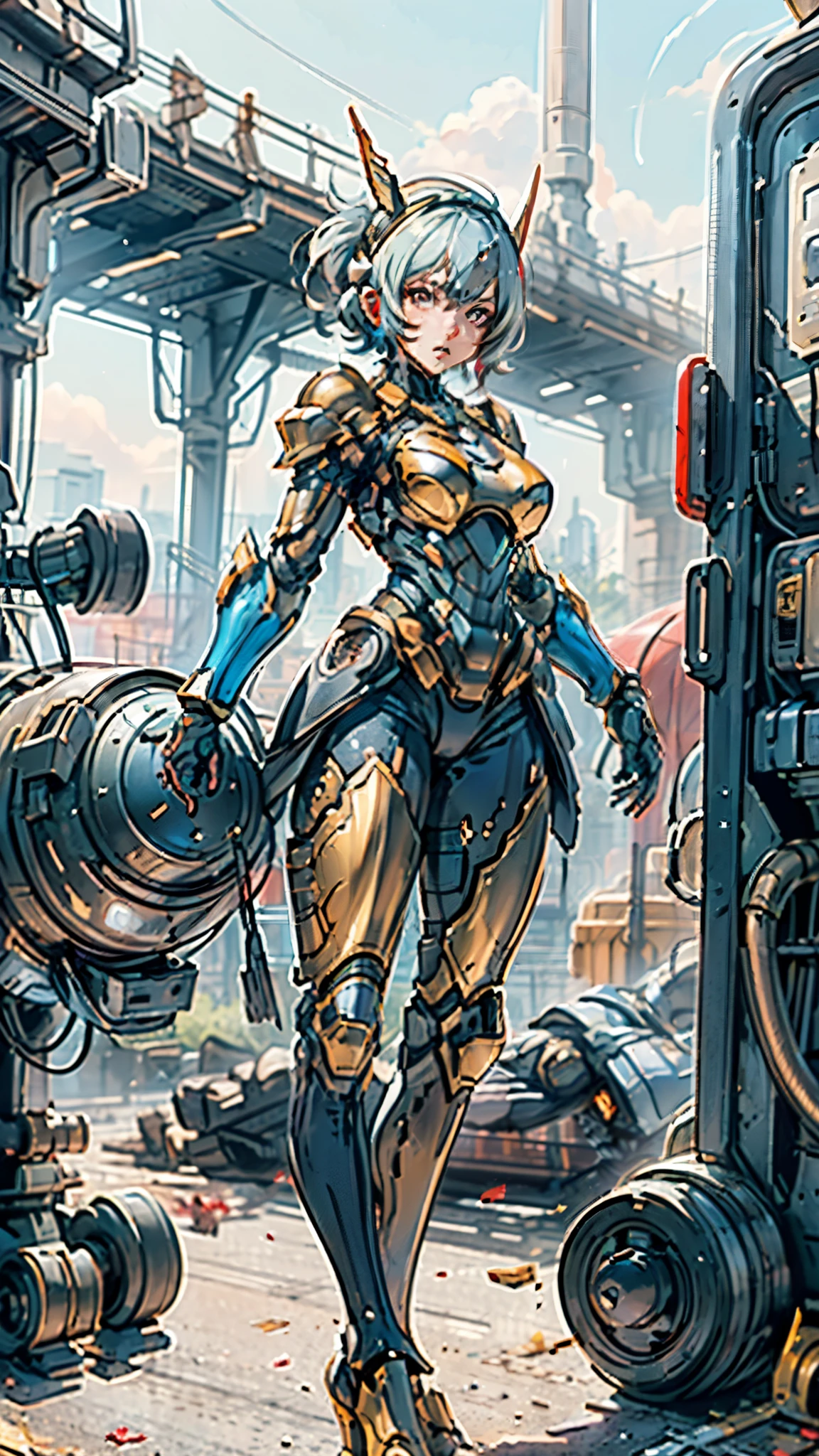 A woman adorned in fantasy-style full-body armor, a crown-concept fully enclosed helmet that unveils only her eyes, a composite layered chest plate, fully encompassing shoulder and hand guards, a lightweight waist armor, form-fitting shin guards, the overall design is heavy-duty yet flexible, ((the armor gleams with a golden glow, complemented by red and blue accents)), exhibiting a noble aura, she floats above a fantasy-surreal high-tech city, this character embodies a finely crafted fantasy-surreal style armored hero in anime style, exquisite and mature manga art style, (Queen bee mixed with Spider concept Armor, plasma, blood), ((Element, energy, elegant, goddess, femminine:1.5)), metallic, high definition, best quality, highres, ultra-detailed, ultra-fine painting, extremely delicate, professional, anatomically correct, symmetrical face, extremely detailed eyes and face, high quality eyes, creativity, RAW photo, UHD, 32k, Natural light, cinematic lighting, masterpiece-anatomy-perfect, masterpiece:1.5