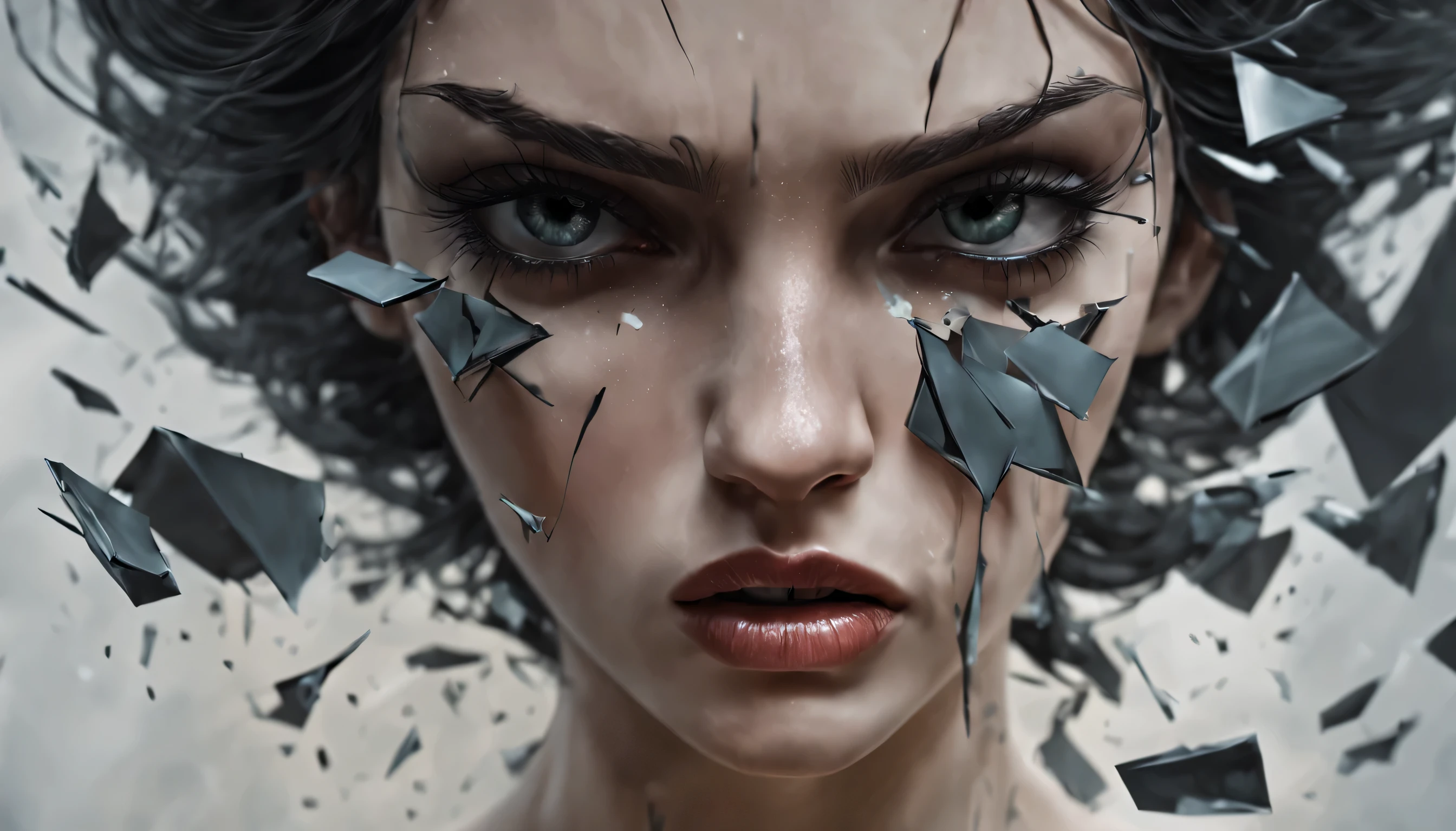 Each blow is a release of pent-up anguish, a cathartic expression of pain and heartache. As the mirror splinters further beneath her assault, her shoulders tremble with the intensity of her emotions, and tears mingle with the shards at her feet.