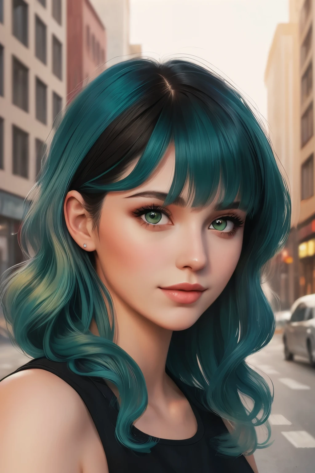 ((best quality)), ((illustration)), (detailed), perfect face, german woman, single mom, ombre blue green hair, wavy hair, shoulder length hair, bangs, black brown eyes, city