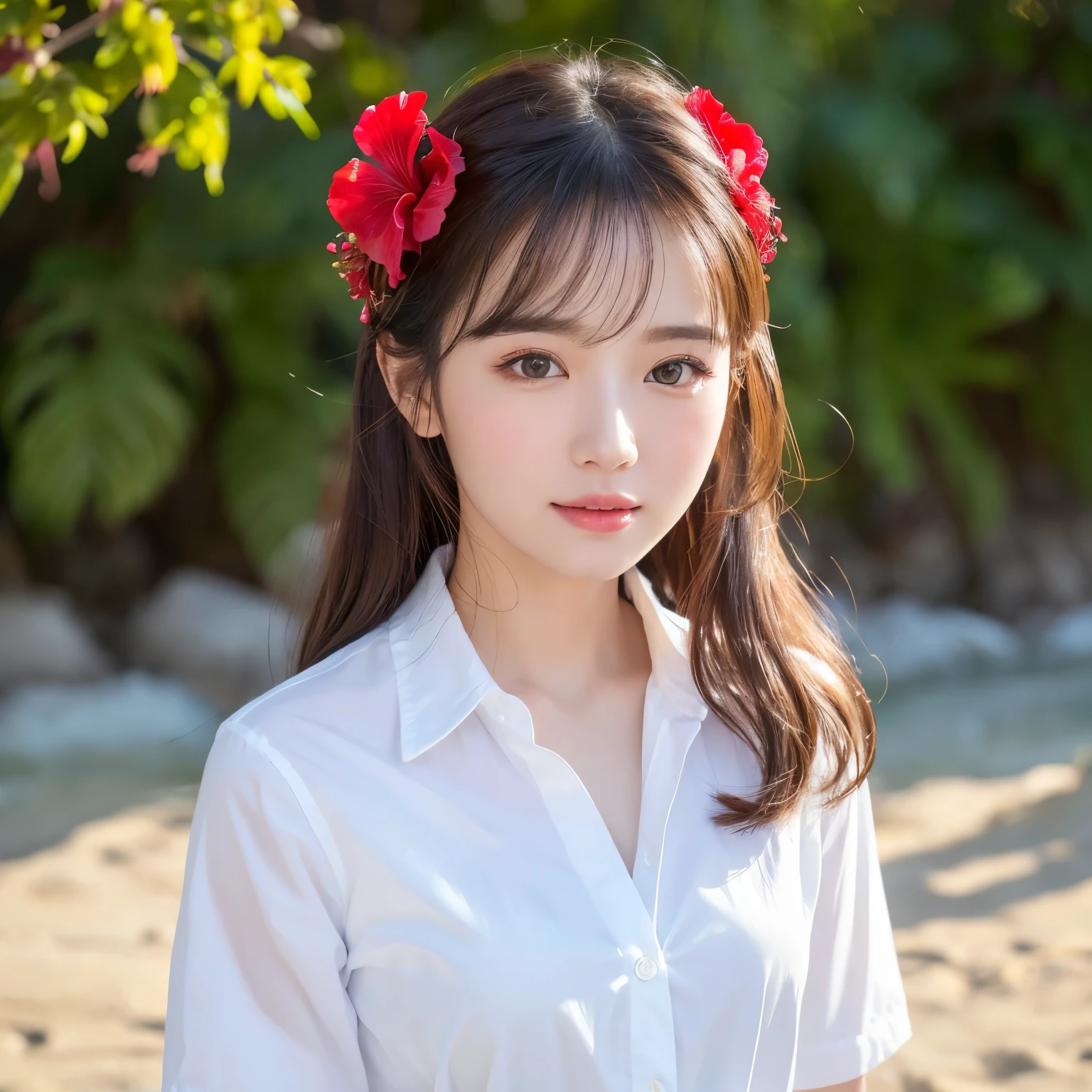 ((highest quality、table top、8k、best image quality、extremely complex and detailed depiction))、(1 person photo:1.1)、The best smile staring at the camera、(beautiful beach:1.05)、(fully expose the chest:1.1)、(One big red hibiscus on the head:1.15)、(White polyester shirt worn unbuttoned:1.2)、high school uniform、(Huge breasts that are about to burst:1.1)、(emphasize body line:1.1)、cleavage、(close up of face:1.4)、glamorous body、hair swaying in the wind、sandy beach、beautiful sea、Recreate the perfect details of a deserted island、(clear, Sparkling, live bee:1.1)、Complex sea glow、beautiful seaの詳細が描かれています、Brightly lit face、Ultra high definition beauty face、ultra high definition hair、Super high-definition Sparkling eyes、(Pure white skin shining in ultra-high resolution:1.1)、Super high resolution glossy lips、sculpture pose、(very bright and vivid:1.2)