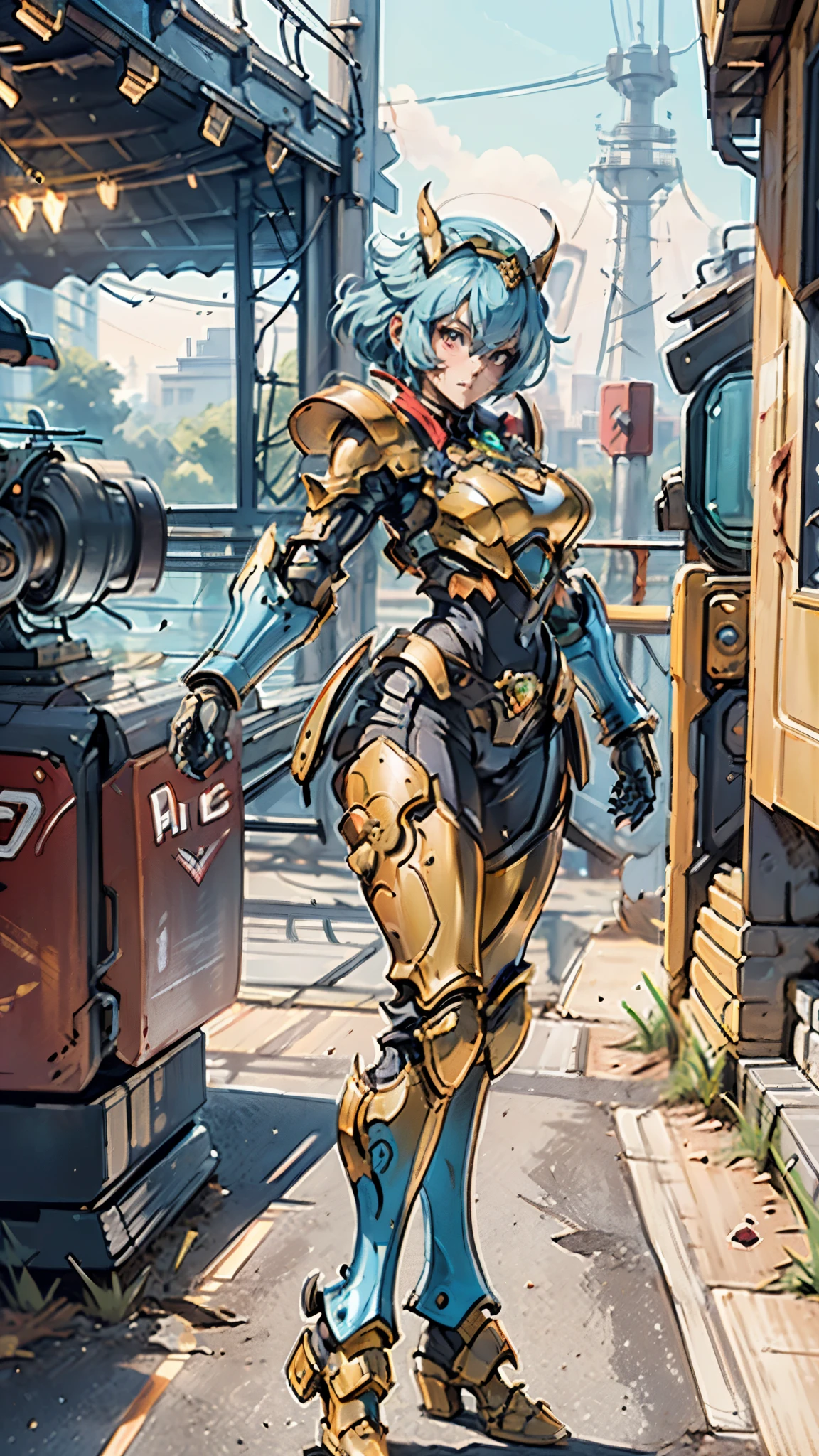 A woman adorned in fantasy-style full-body armor, a crown-concept fully enclosed helmet that unveils only her eyes, a composite layered chest plate, fully encompassing shoulder and hand guards, a lightweight waist armor, form-fitting shin guards, the overall design is heavy-duty yet flexible, ((the armor gleams with a golden glow, complemented by red and blue accents)), exhibiting a noble aura, she floats above a fantasy-surreal high-tech city, this character embodies a finely crafted fantasy-surreal style armored hero in anime style, exquisite and mature manga art style, (Queen bee mixed with Spider concept Armor, plasma, blood), ((Element, energy, elegant, goddess, femminine:1.5)), metallic, high definition, best quality, highres, ultra-detailed, ultra-fine painting, extremely delicate, professional, anatomically correct, symmetrical face, extremely detailed eyes and face, high quality eyes, creativity, RAW photo, UHD, 32k, Natural light, cinematic lighting, masterpiece-anatomy-perfect, masterpiece:1.5
